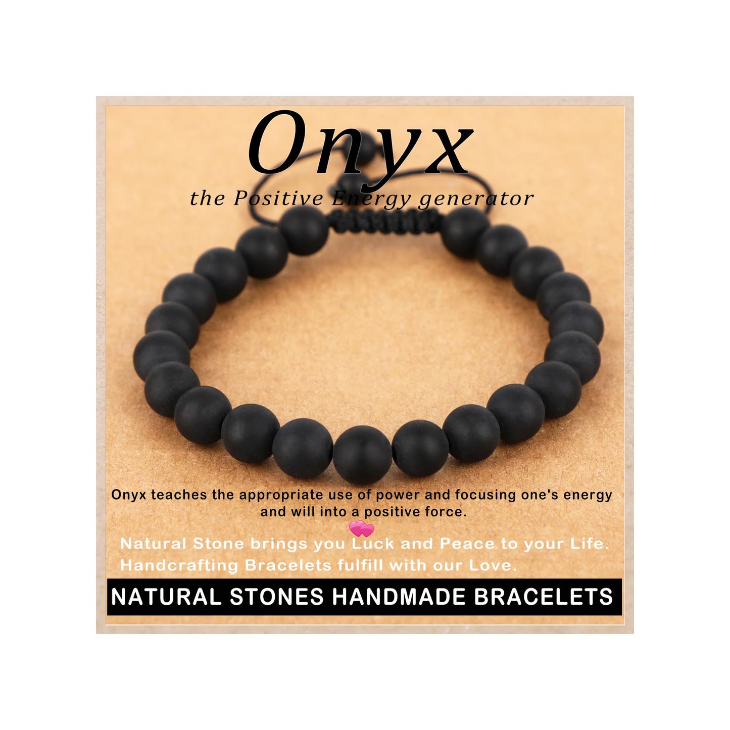 AD Beads 8mm Matte Onyx - Positive Energy - Handmade Natural Stone Crystal Bracelet with Adjustable Macrame String - Yoga Healing Power Energy Gifts for Men and Women