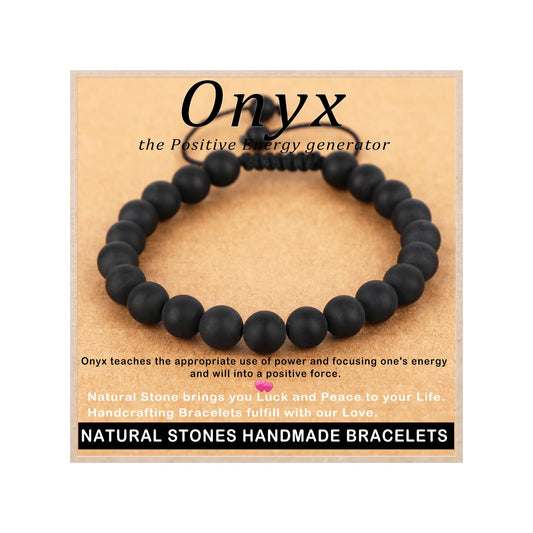 AD Beads 8mm Matte Onyx - Positive Energy - Handmade Natural Stone Crystal Bracelet with Adjustable Macrame String - Yoga Healing Power Energy Gifts for Men and Women