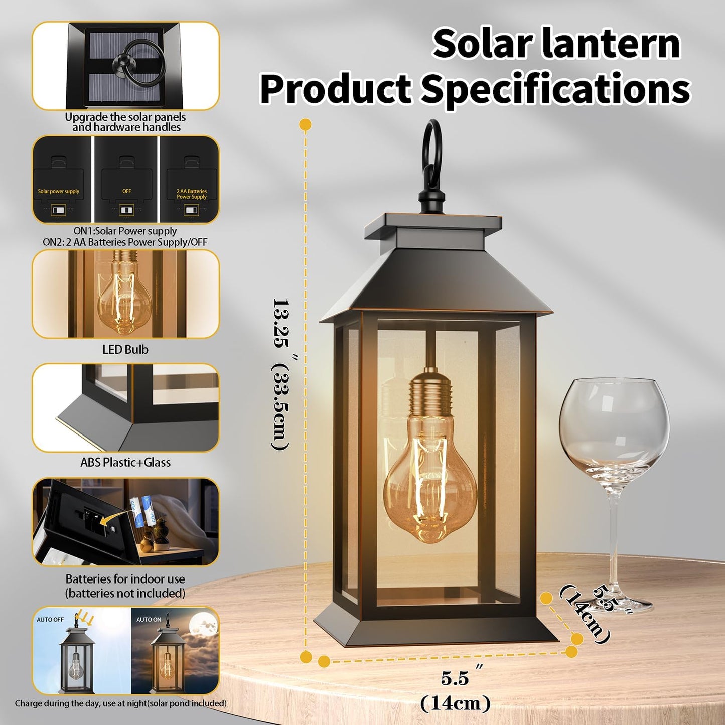 AYTPU 2 Pack Solar Lanterns Outdoor, Hanging Glass Solar Lights Waterproof, Dual Power Solar & 2*AA Battery, for Porch, Patio, Yard and Indoor Table or Mantel