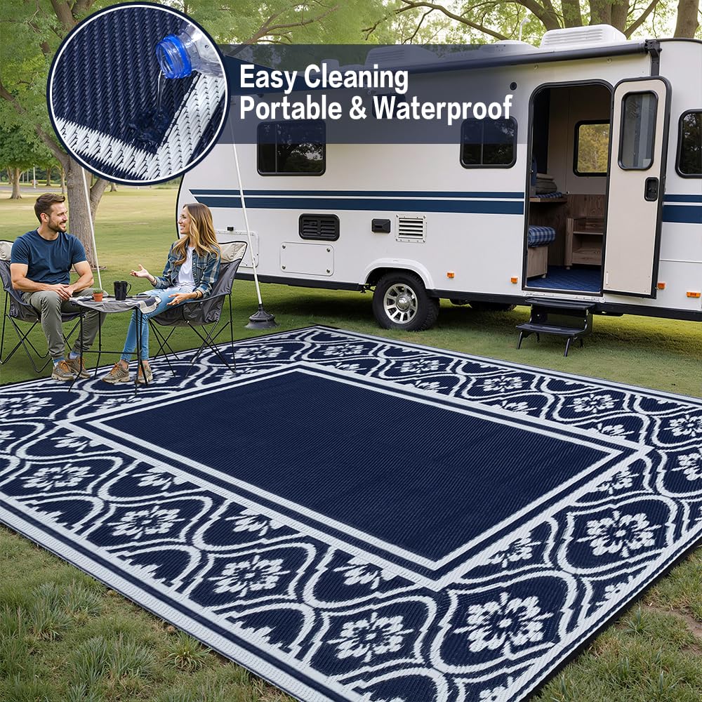 HUGEAR Outdoor Rug 8x10 Patio Camping Carpet Waterproof Mat Blue Outside Plastic Area Rug Reversible Rugs for RV Deck Entryance Porch Picnic Balcony Beach(8x10ft Navy Blue&White)