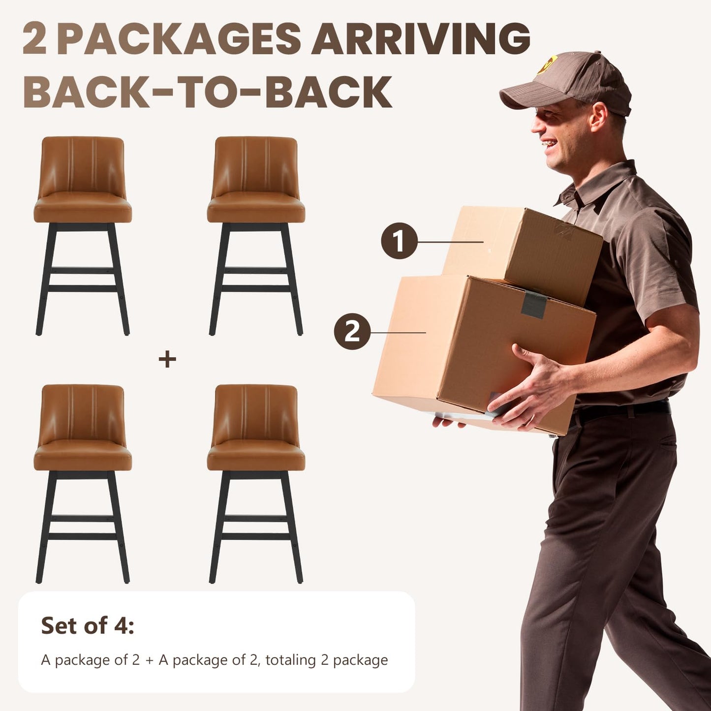 kinmars 27'' Counter Height Bar Stools Set of 4, Swivel Bar Stools with Backs, Modern Faux Leather Bar Stools for Kitchen Island, Solid Wood Legs, Adjustable Feet (PU - Brown, Set of 4-27" H)