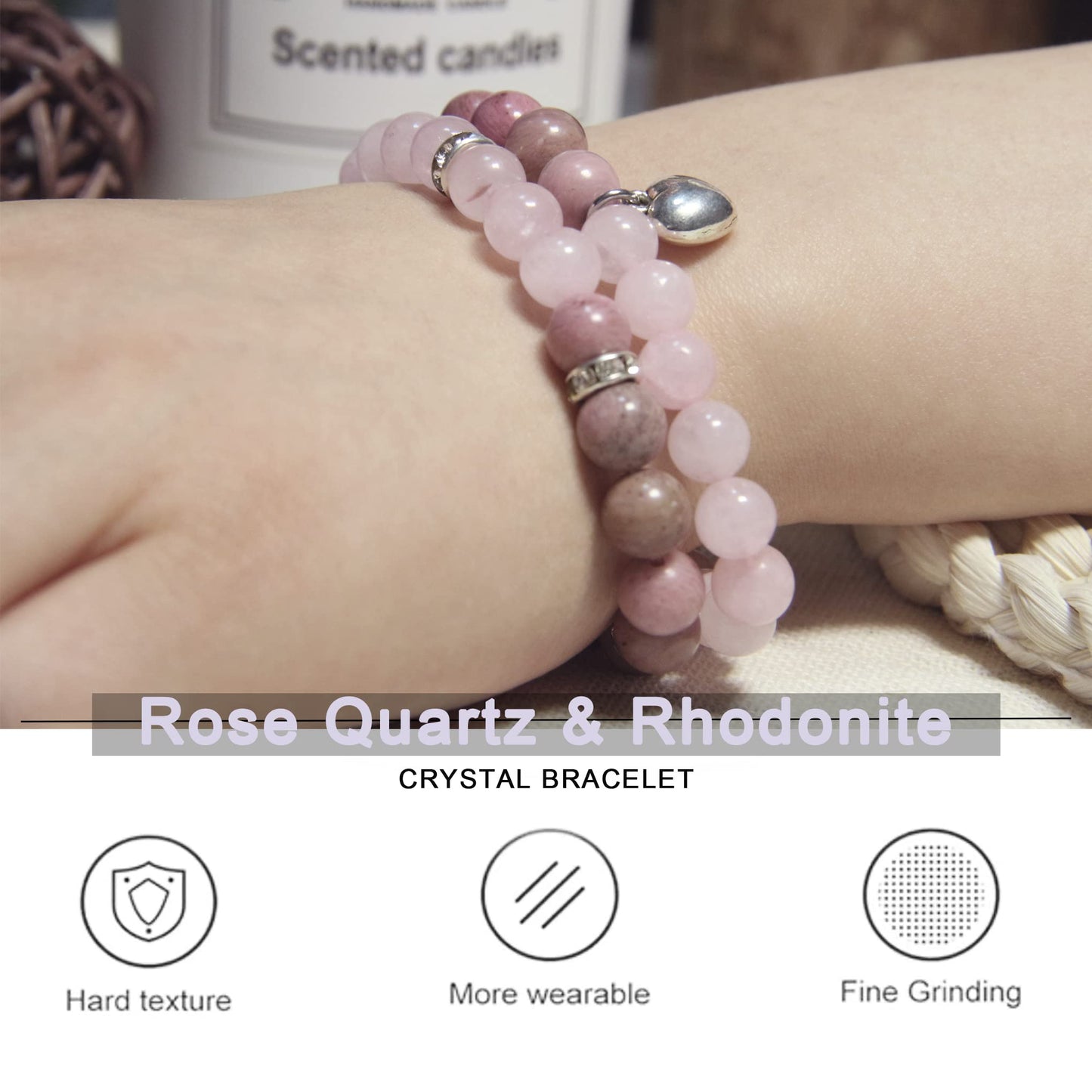 GDLKPYHS Healing Bracelets for Women - Rose Quartz & Rhodonite Bracelet - Healing Prayers Crystal Bracelet, 8mm Natural Stone Stress Relief Yoga Beads Get Well Soon Gifts