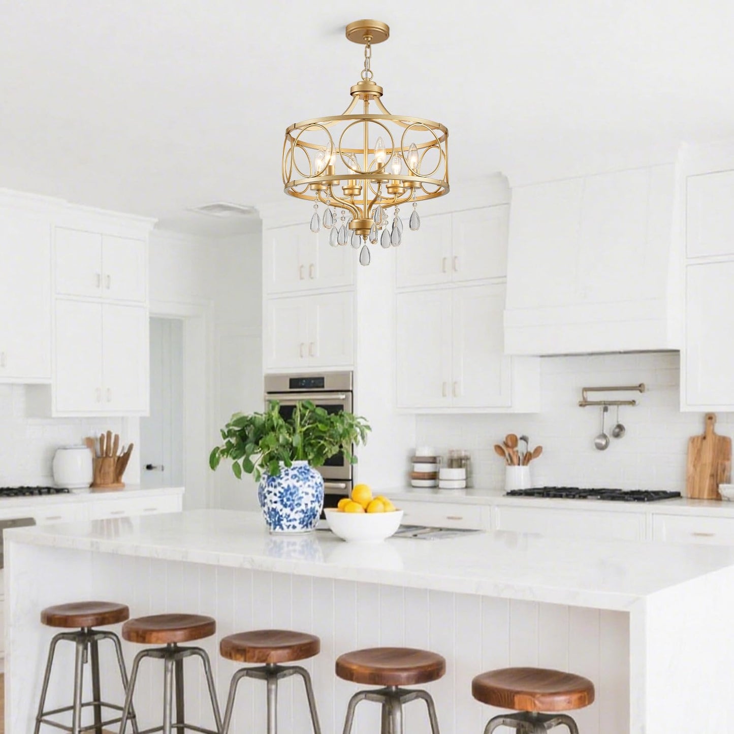 Majhoiw 6-Light Modern Gold Crystal Chandelier, 17.7" Farmhouse Ceiling Light Fixture, Hanging Metal Pendant Lights Kitchen Island Dining Room Entryway Foyer