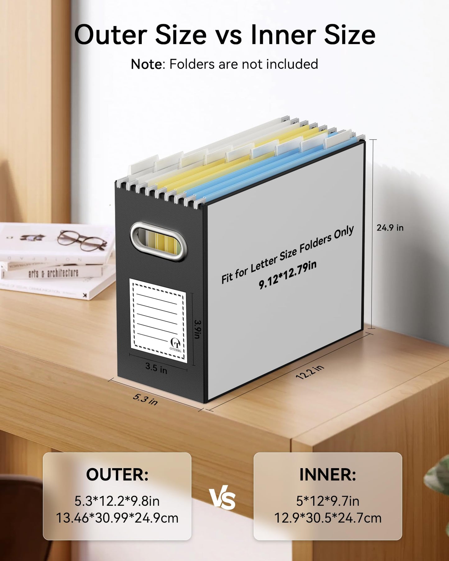 Oterri File Organizer Box, Portable Collapsible Cardboard File Folder Organizer with Handle for Letter Size Hanging Files, Document Storage Box for Home Office & Classroom (2 Packs, Black)