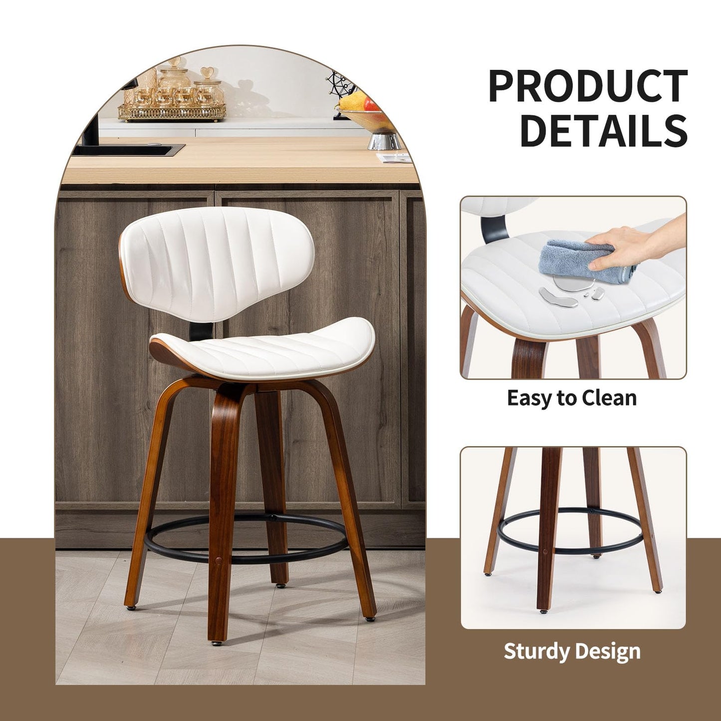 CHIDOCHILO Counter Height Bar Stools Set of 2, 24 inch PU Leather Wooden Bentwood Barstools Swivel Modern Breakfast Bar Chairs with Backrest and Footrest for Kitchen Island, Dining Room D035-White-2