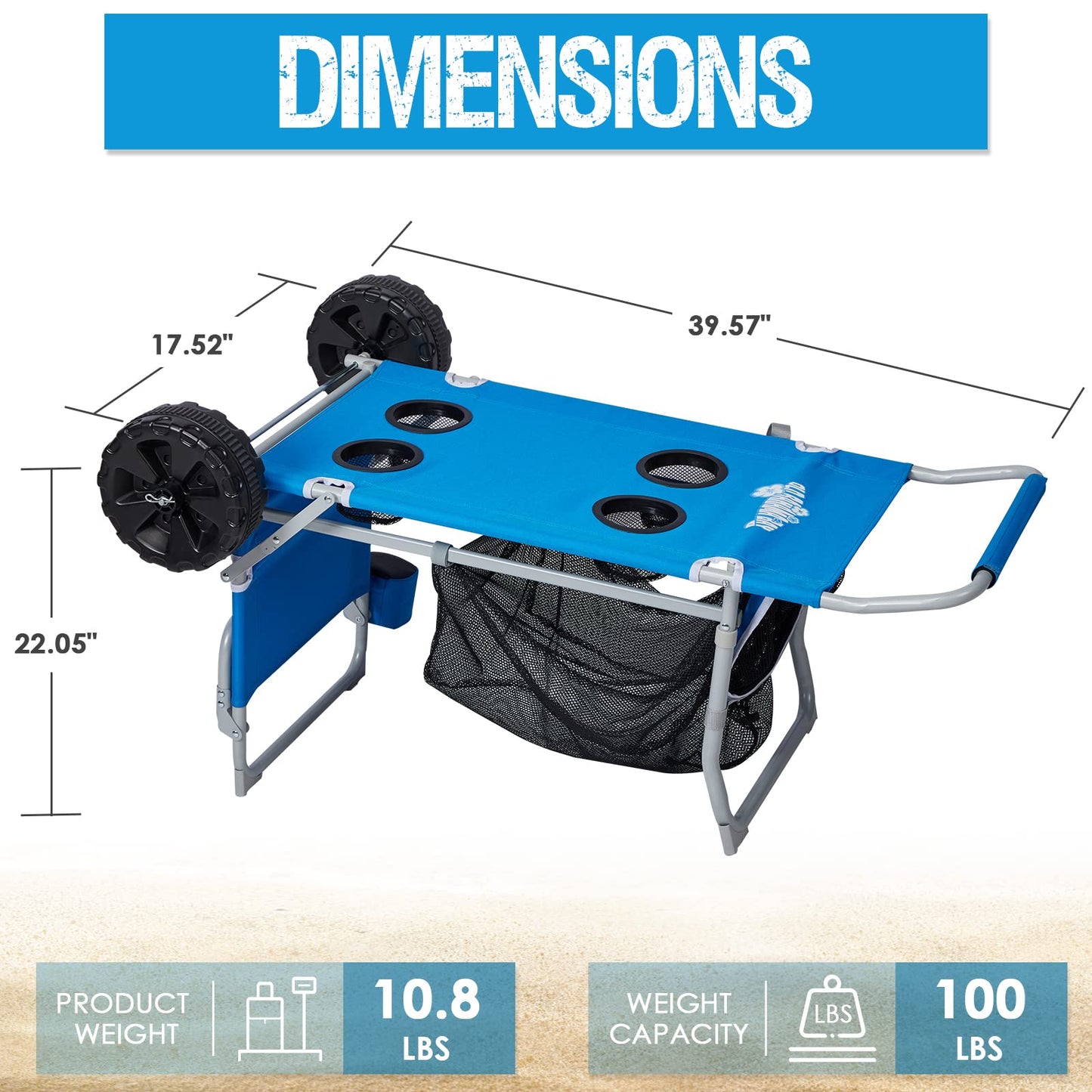 2-in-1 Beach Cart with Big Wheels for Sand, Folding Utility Wagon with Chair Holder, Mesh Storage, 4 Cup Holders, Umbrella Rack, Supports 100 lbs, Compact & Portable for Beach, Camping, Shopping, Blue