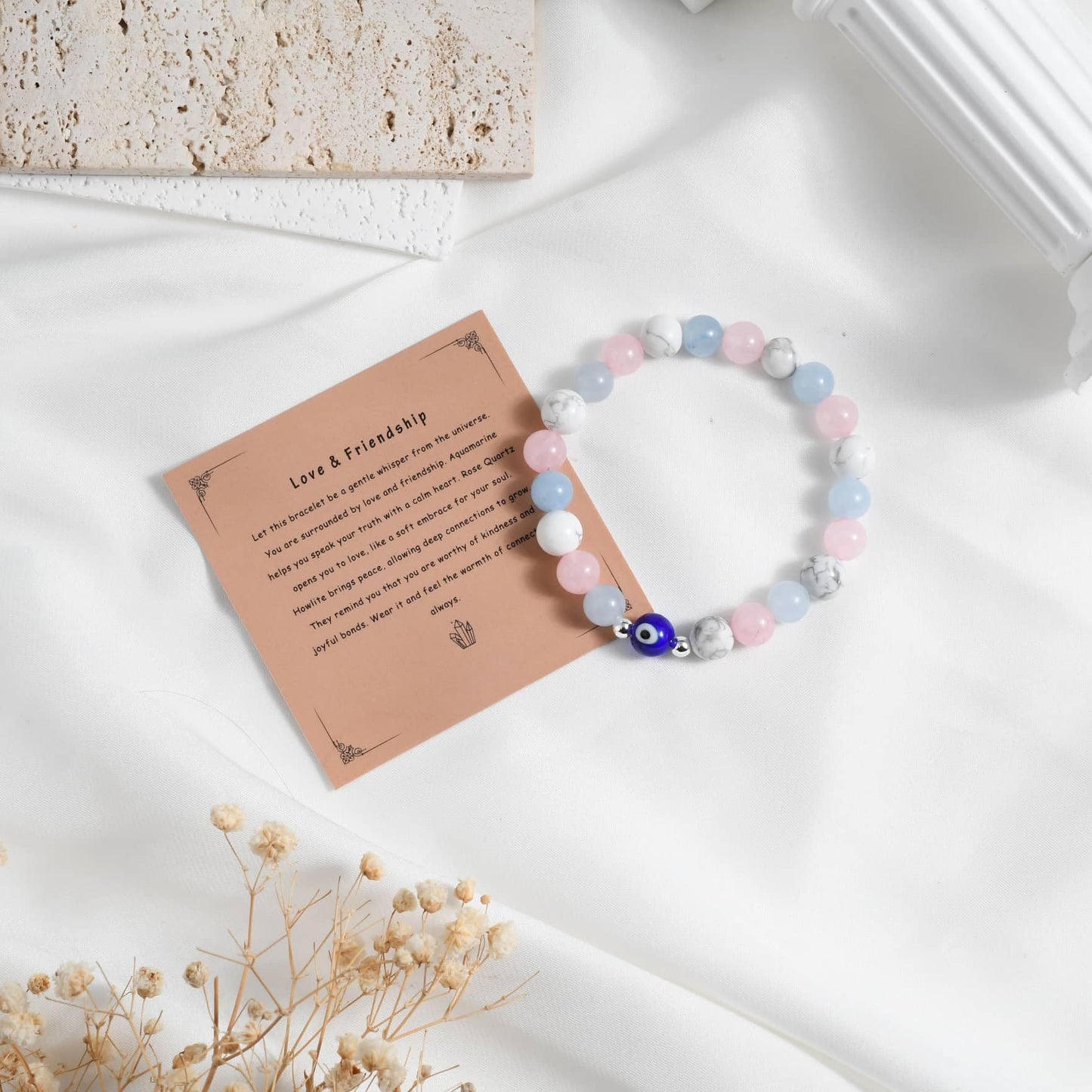 DLYFNVEV Love Friendship Harmony Peace Bracelet Rose Quartz Blue Aquamarine Howlite Eye Evil Protection Healing Crystal Beaded Anxiety Relief Triple Natural Stone Jewelry Gifts For Women