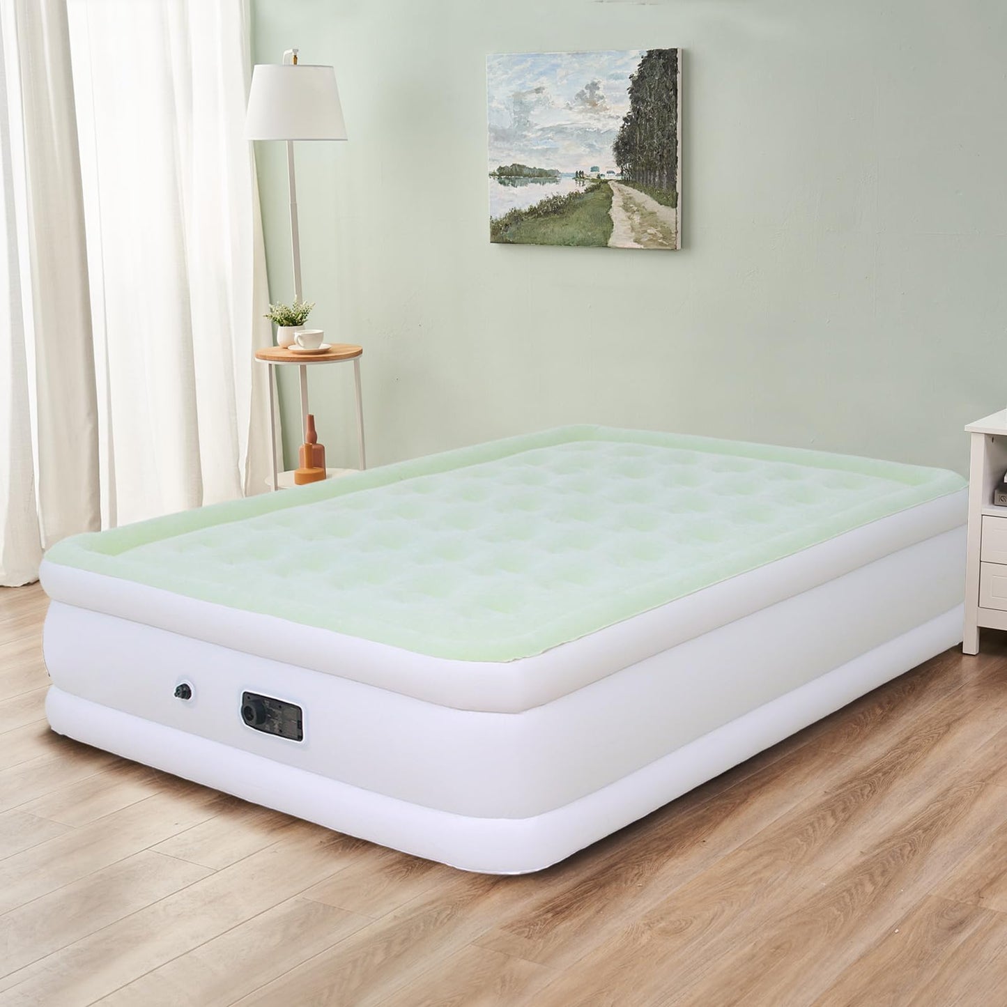 Outraveler Queen Size Air Mattress with Built in Pump, Inflatable Bed Blow Up Mattress 18in, Green White