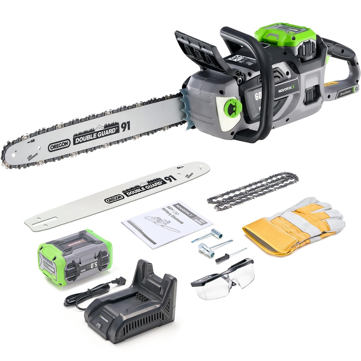 NovorikX 60V Brushless Cordless Chainsaw, 18"&16" Electric Chain Saw with 5.0Ah Battery & Charger, Automatic Oiler, Tool-Free Tension for Tree Trimming & Wood Cutting