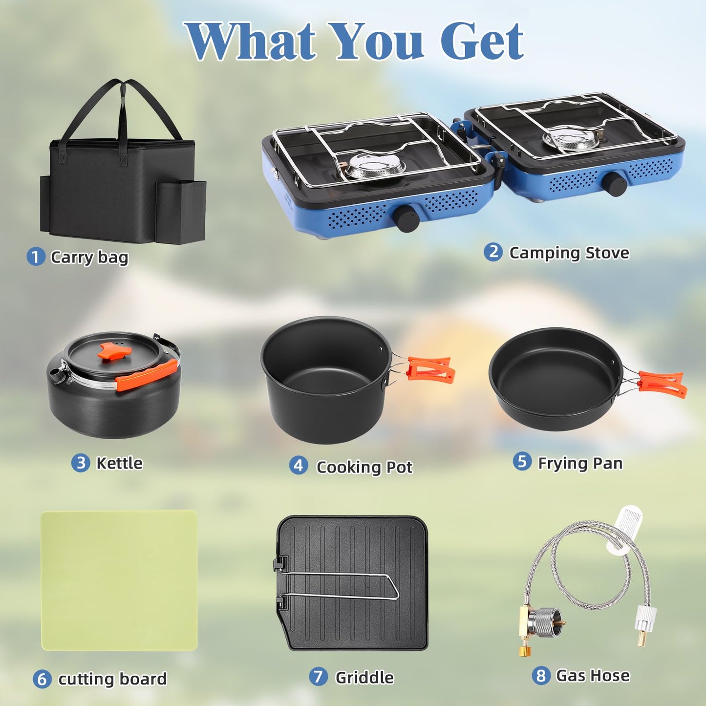 Hisencn 2 Burner Propane Camping Stove, 30000 BTU Foldable Portable Gas Stove with Cookware Set & Carry Bag, Outdoor Cooking for Camping, RV, Emergency Use, Blue