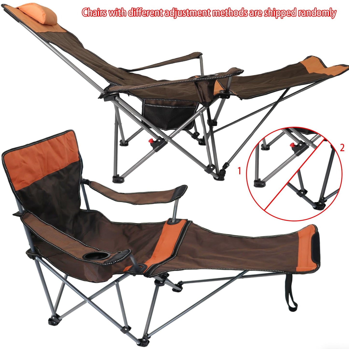 MCCKLE Camping Lounge Chair with Headrest Footrest and Storage Bag, Portable Folding Reclining Camping Chair with Foot Rest for Adults Outdoor Camping Beach Hiking Fishing (Orange Brown)