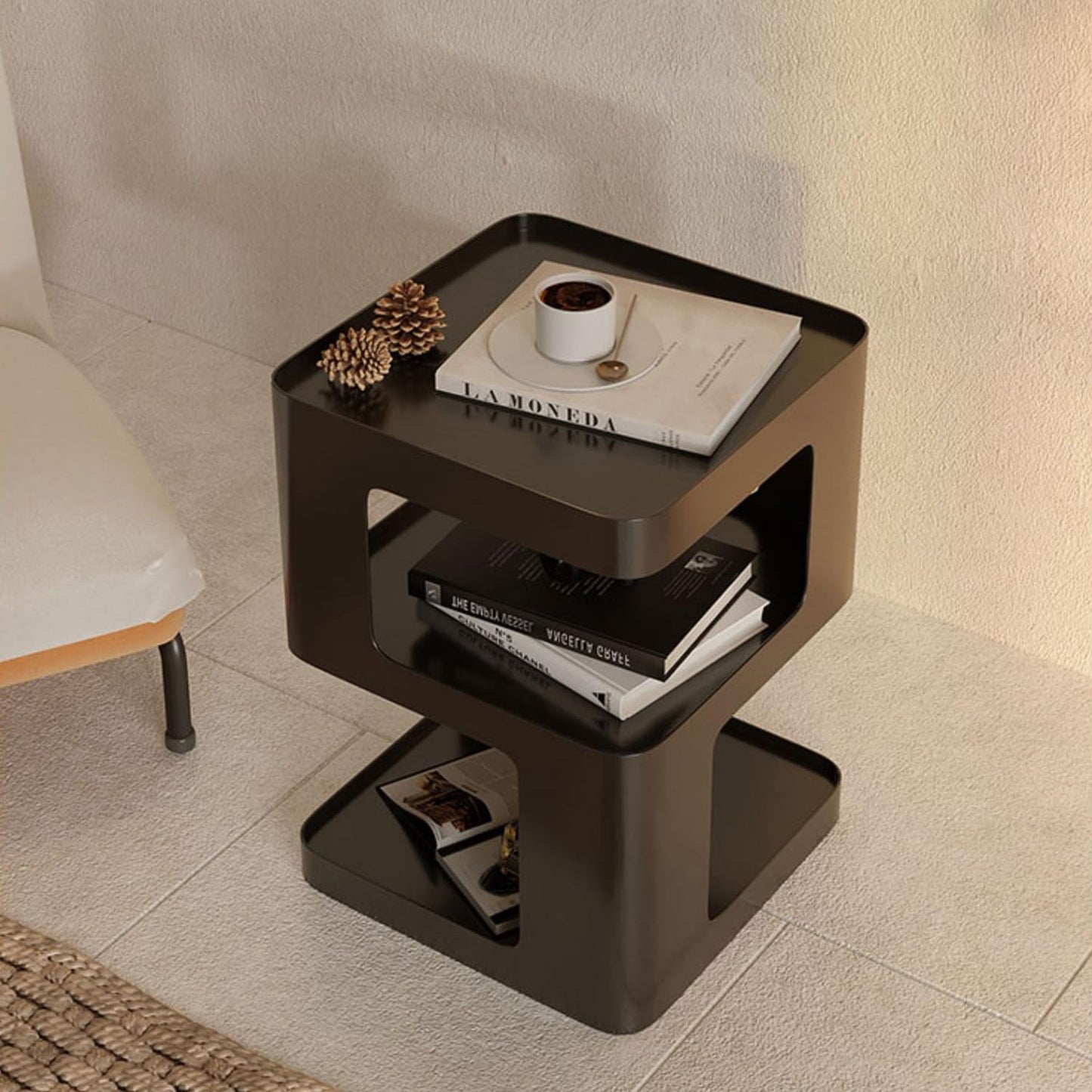 BUZUEY Modern Metal Side Table with Storage,Small End Table for Sofa & Couch,3-Tier Compact Nightstand for Small Spaces,Black Bedside Tables for Living Room & Bedroom,No Assembly Required