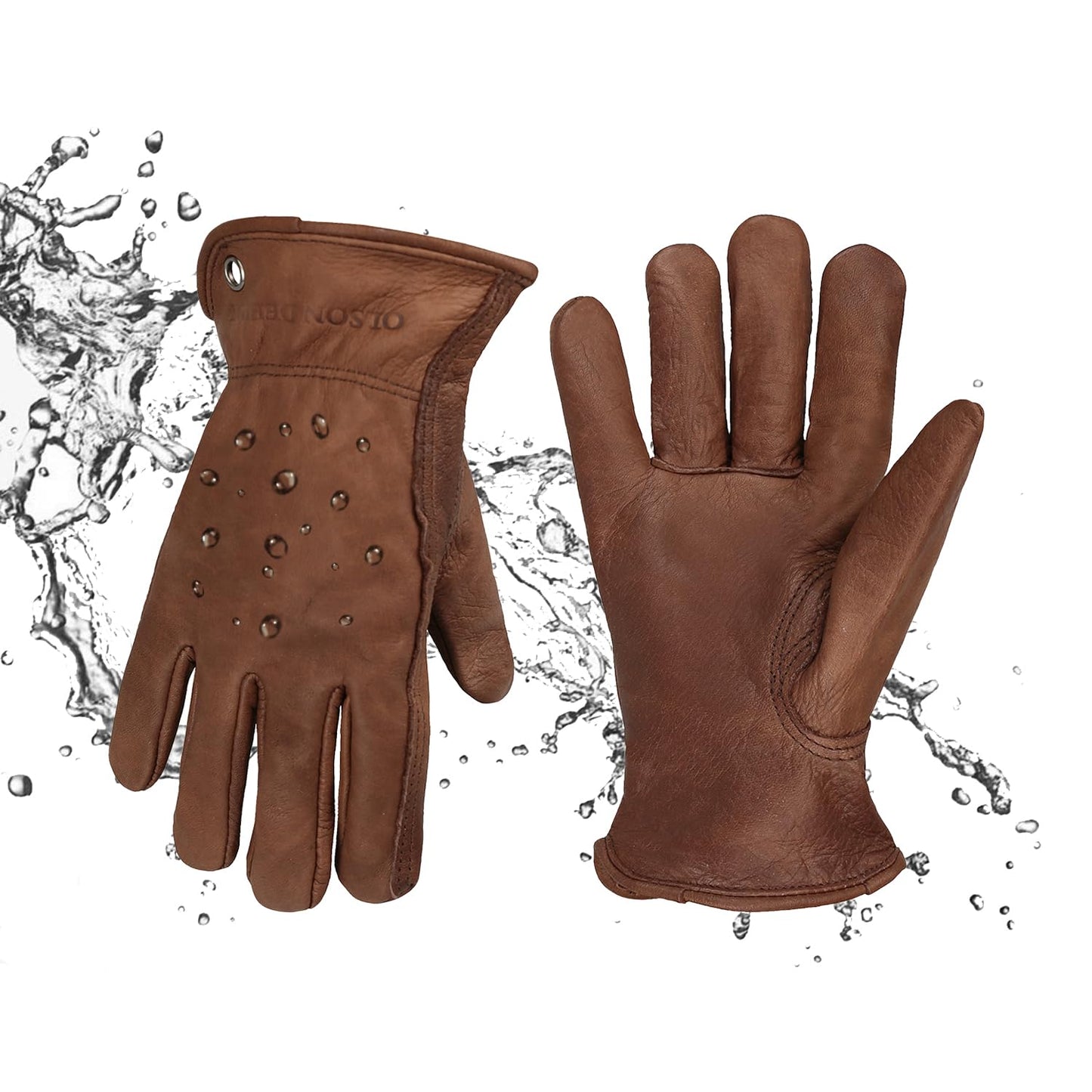 OLSON DEEPAK Waterproof Leather Work Gloves for Men&Women,Brown Cowhide Thornproof Garden work Gloves,Water Resistant windproof Gloves,Medium