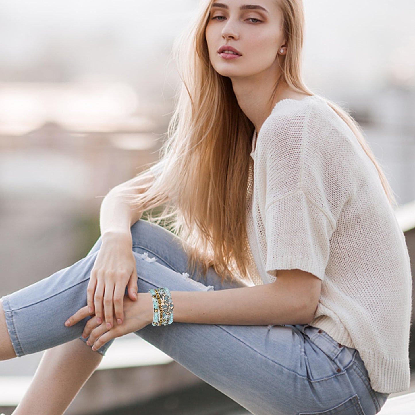 Plumiss Boho Handmade Women Unique Style Amazonite Stone Natural Bead Strand 5 Wrap Stackable Bracelets Jewelry
