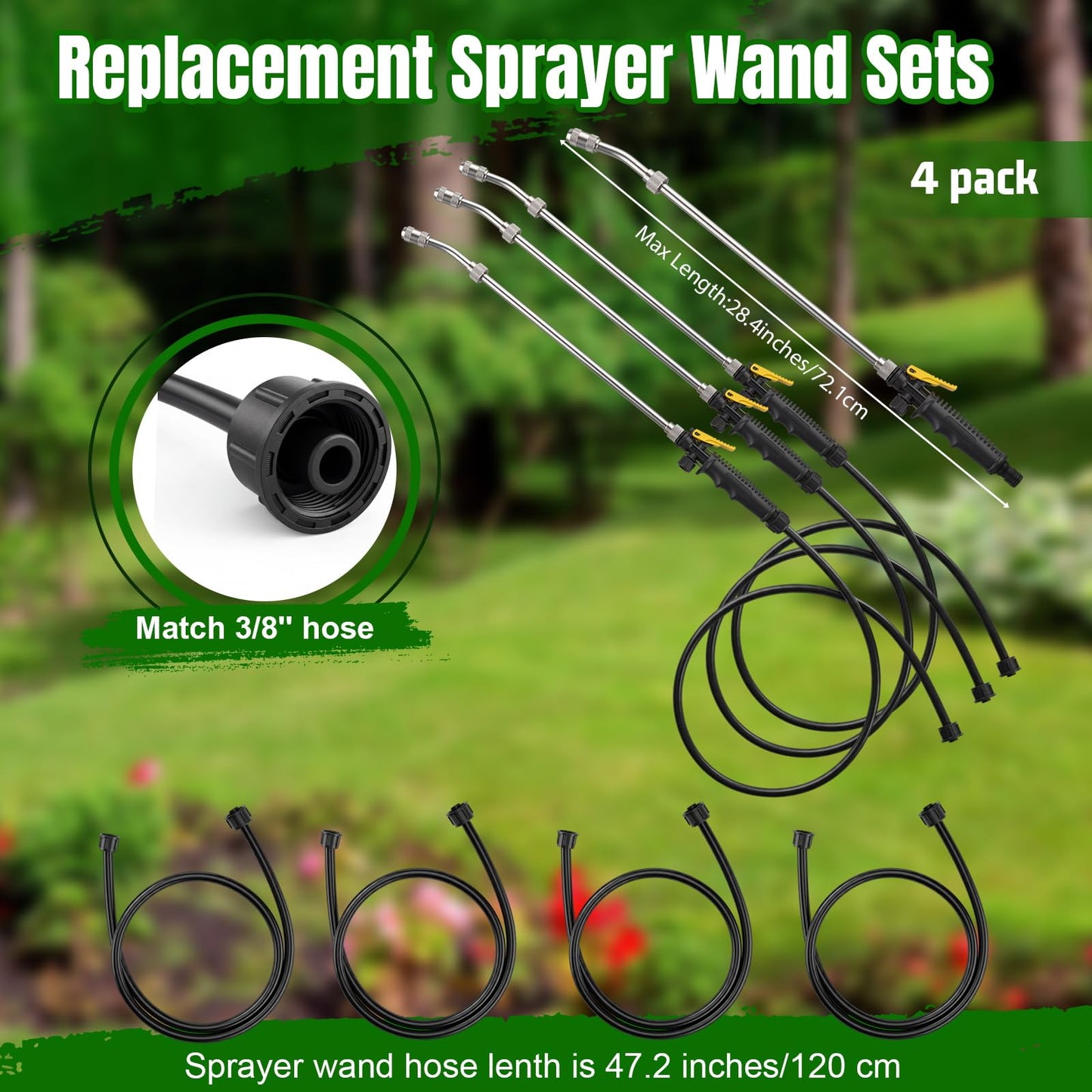 Dunkive 4 Pack Replacement Sprayer Wands with Hoses Compatible with Ryobi 24 Inch Pump Sprayer Part with Adjustable Nozzle Trigger Wand Match 3/8'' Hose Universal Stainless Steel Water Spray Parts