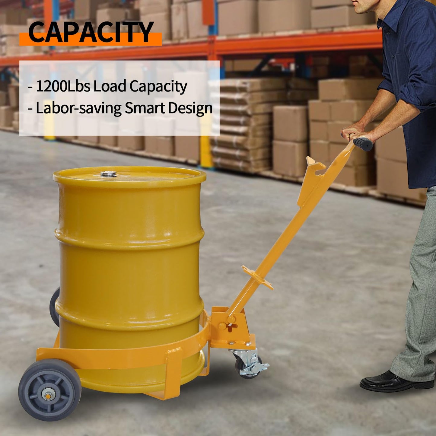 55 Gallon Drum Dolly, 1200lbs Capacity Oil Drum Cart with Bung Wrench Handle and Poly-on-Steel Wheels with Brake, Low Profile,Yellow