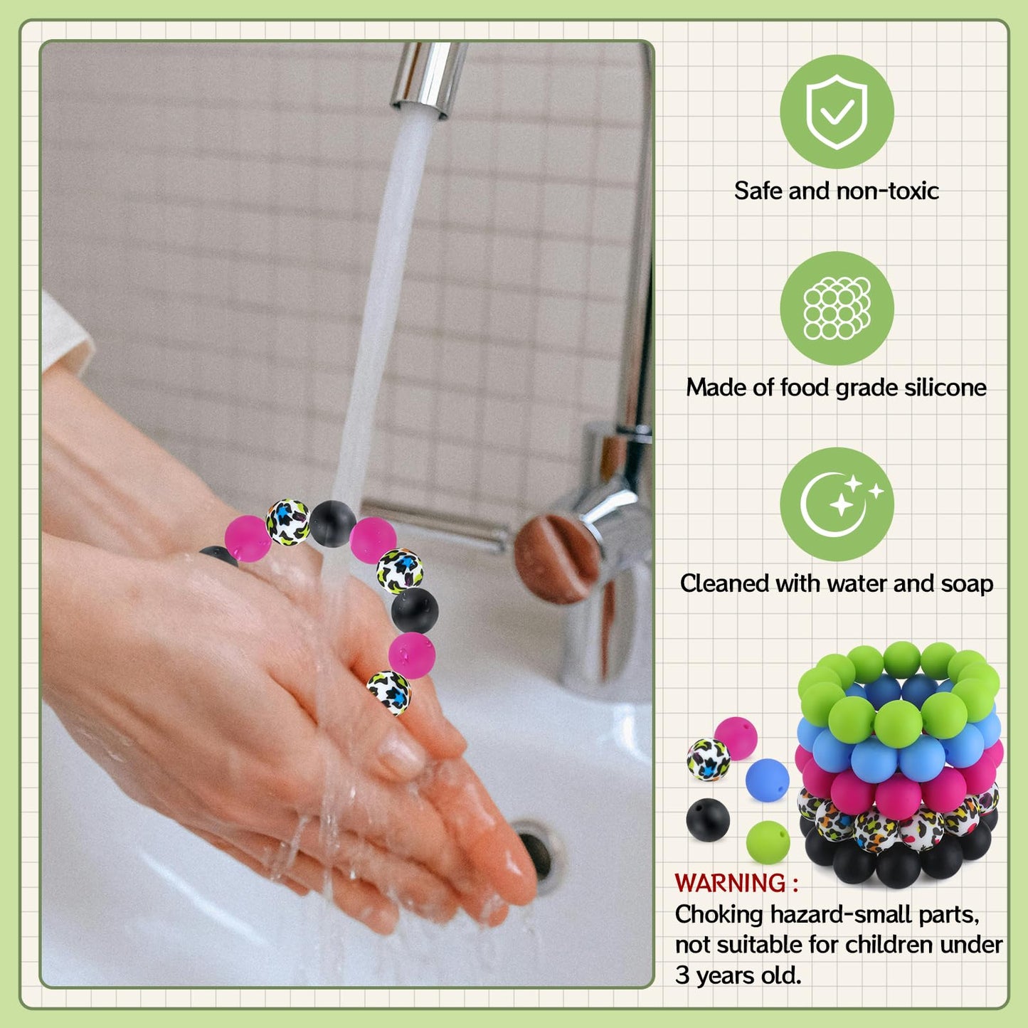 SALUOKE 100 Pcs 15mm Silicone Beads for Keychain Making, Pink Gream Silicone Beads Bulk Round for Bracelets Pens Crafts Jewelry Making (Black Red)