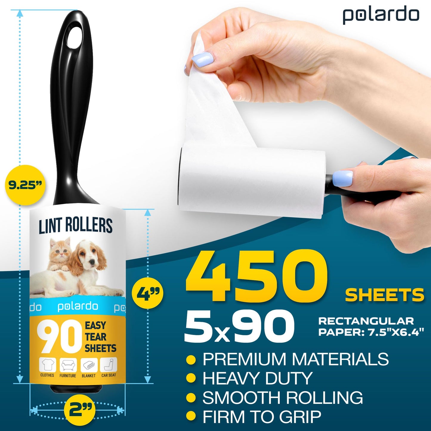 Lint Rollers for Pet Hair, White, Sticky Remover for Couch, Clothes, Furniture and Carpet, Dog and Cat Fur Remover, Animal Fuzz, 5 Large Sticky Rollers