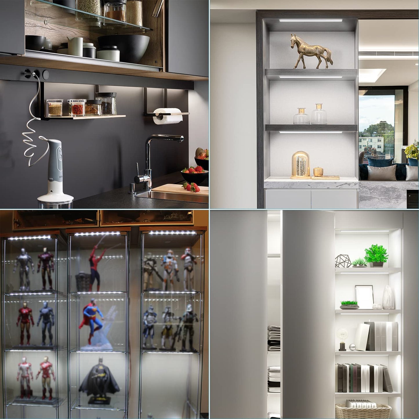 Black Shell Display Cabinet Lights, Under Shelf Lighting with Memory Function, 2 Sets of 4x12 Inch Plug-in Bookshelf Lighting, LED Cabinet Lights for Display Case/Pantry/Closet/Safe, Cold White 6000K