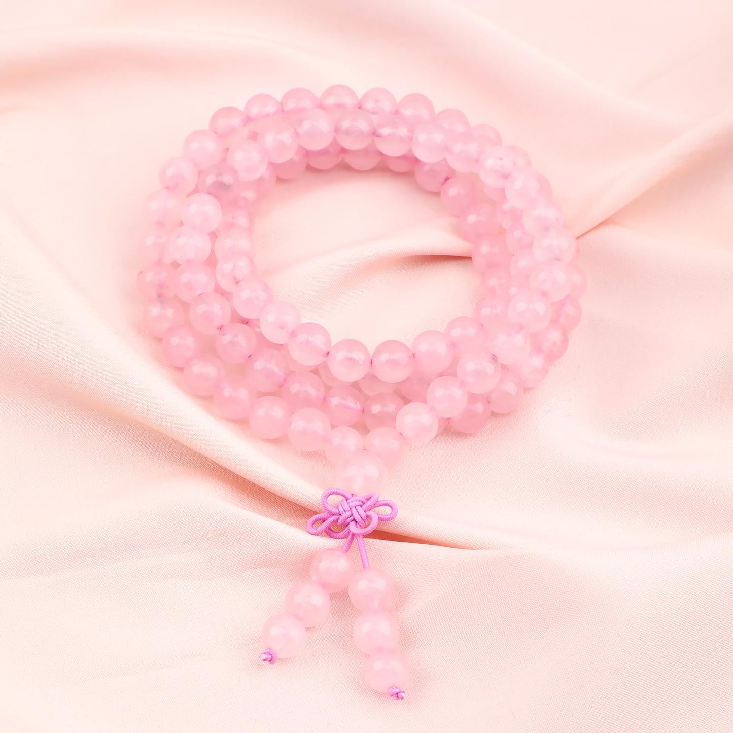 AD Beads 8mm 108 Prayer Mala Rose Quartz Elastic Bracelet - Love and Courage - Handmade Yoga Meditation Healing Power Energy Gifts for Unisex Adult.