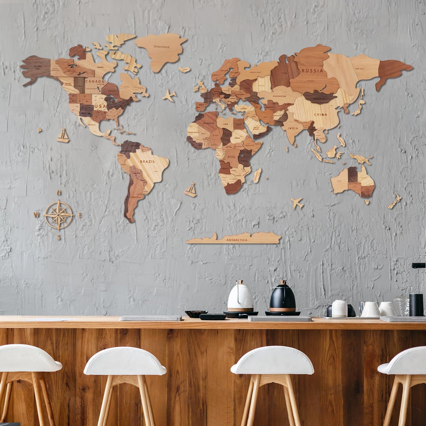 Handiwoo Wooden World Map 3D, Wood World Map Wall Art, Multilayered Wooden Map of The World Wall Decoration, Idea Housewarming Gift Large Wood Travel Map for Home & Office Décor (XL)