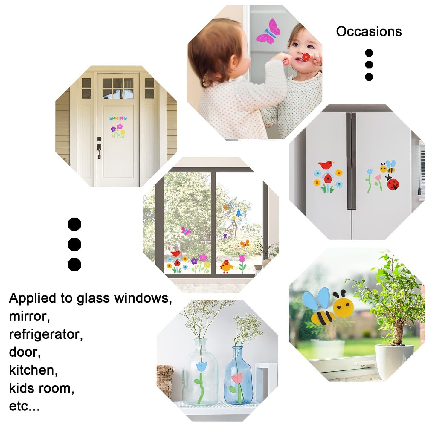 Whaline 7 Sheets Spring Window Gel Clings Flowers Butterflies Bee Beetle Bird Double Side Window Jelly Stickers Decals Decorations for Refrigerators Bedroom Home Office School Holiday Party Gift