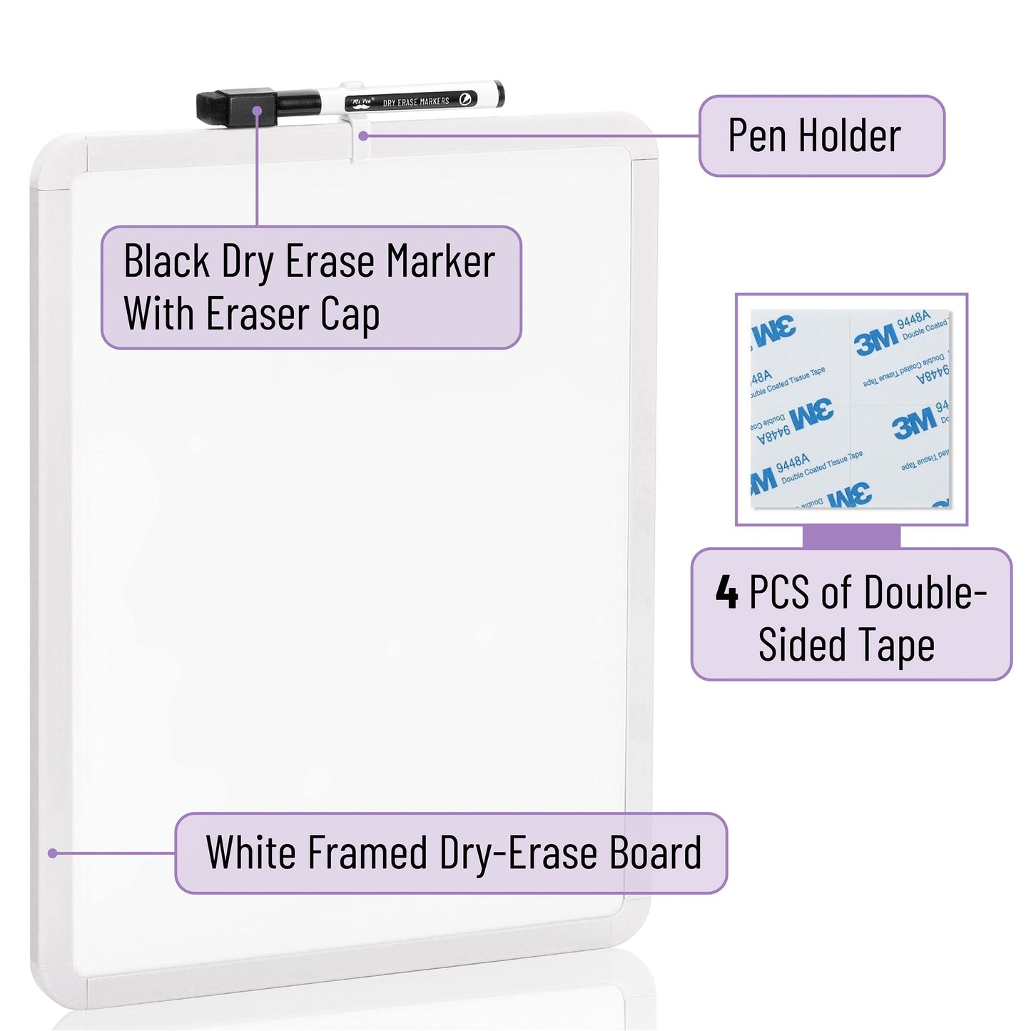 Mr. Pen- Dry Erase Board, 14” x 11” with a Black Dry Erase Marker, White Frame, Small Mini White Board for Students, Fridge, Wall, Locker, Includes Double Sided Tapes