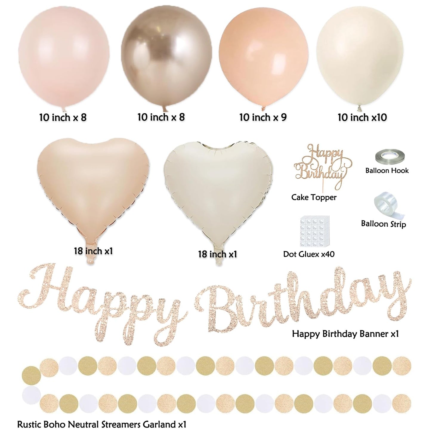 Champagne-Gold Beige Fall Boho Birthday Party Decorations 62pcs Happy Birthday Banner, Peach White Paper Lanterns, Streamers, Tissue Pom Poms, Blush Beige Boho Party Balloons, Rustic Backdrop Decor