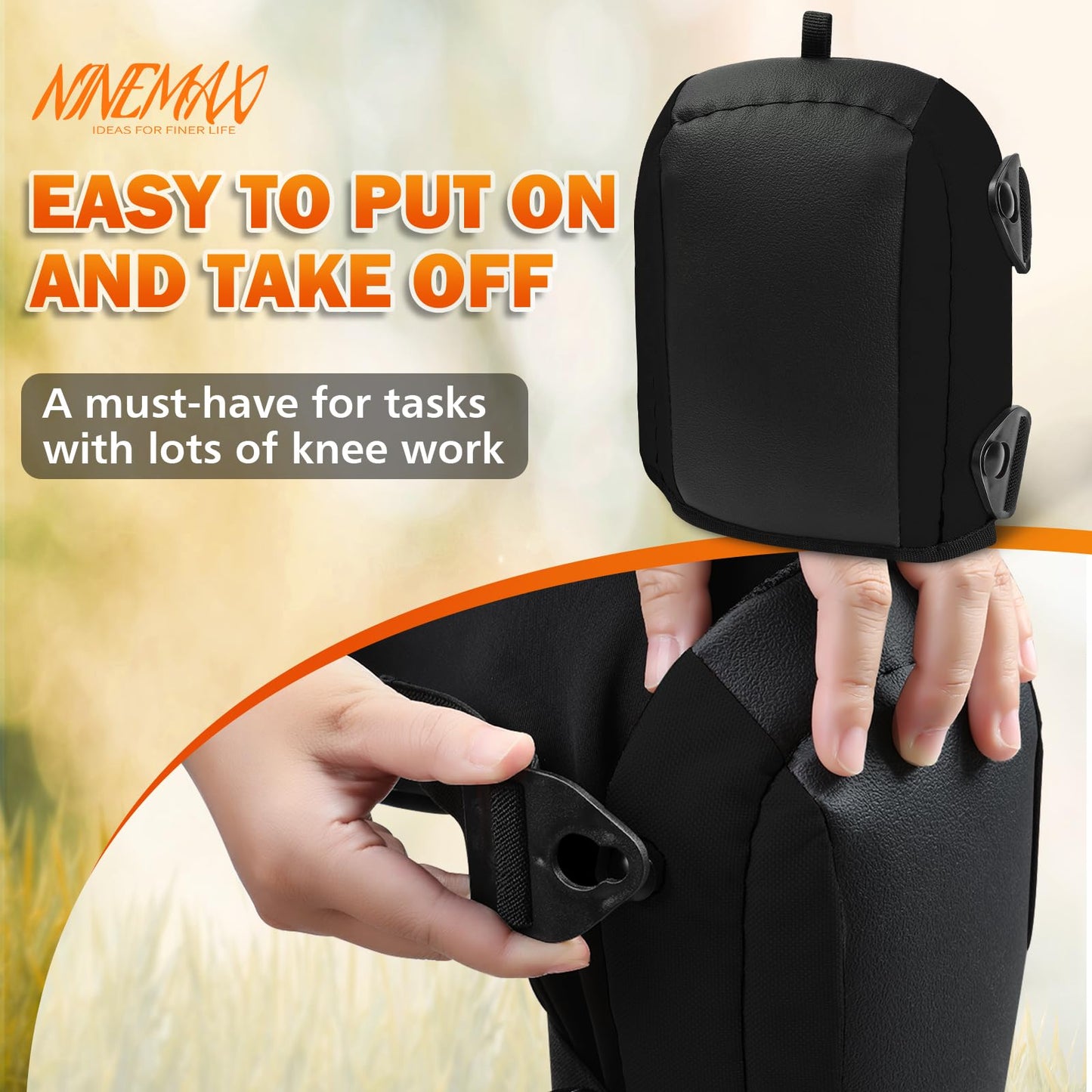 NINEMAX Knee Pads for Work, Construction, Floor, Garden, Soft Leather Non Slip Knee Protector with Thick Comfortable Foam and Adjustable Straps for Men Women Adult (Black)