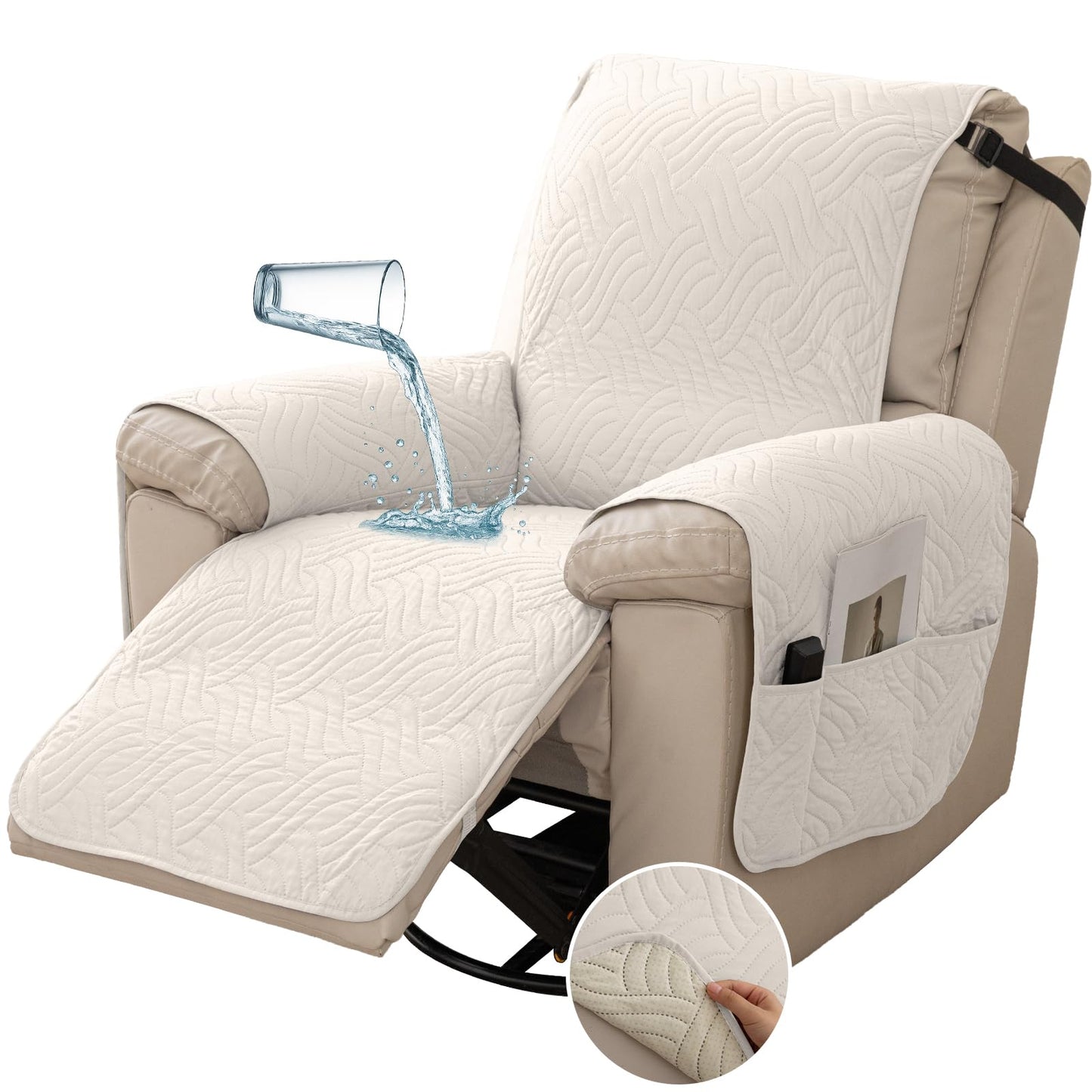 Deep Dream Waterproof Recliner Chair Covers, Non-Slip Recliner Couch Cover, Lazy Boy Chair Cover Furniture Protector, Washable Quilted Sofa Slipcover with Pocket for Pets, Kids(Off White, 23")