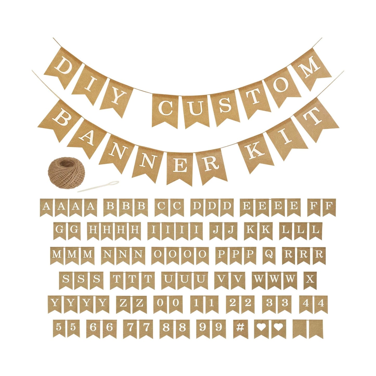Pre-Printed Banner Kit – 97 BURLAP Flags with WHITE Letters, Numbers & Symbols, Reusable DIY Custom Banner, Make Your Own Personalized Party Banner, Faux Burlap, Includes Twine & 2 Needles