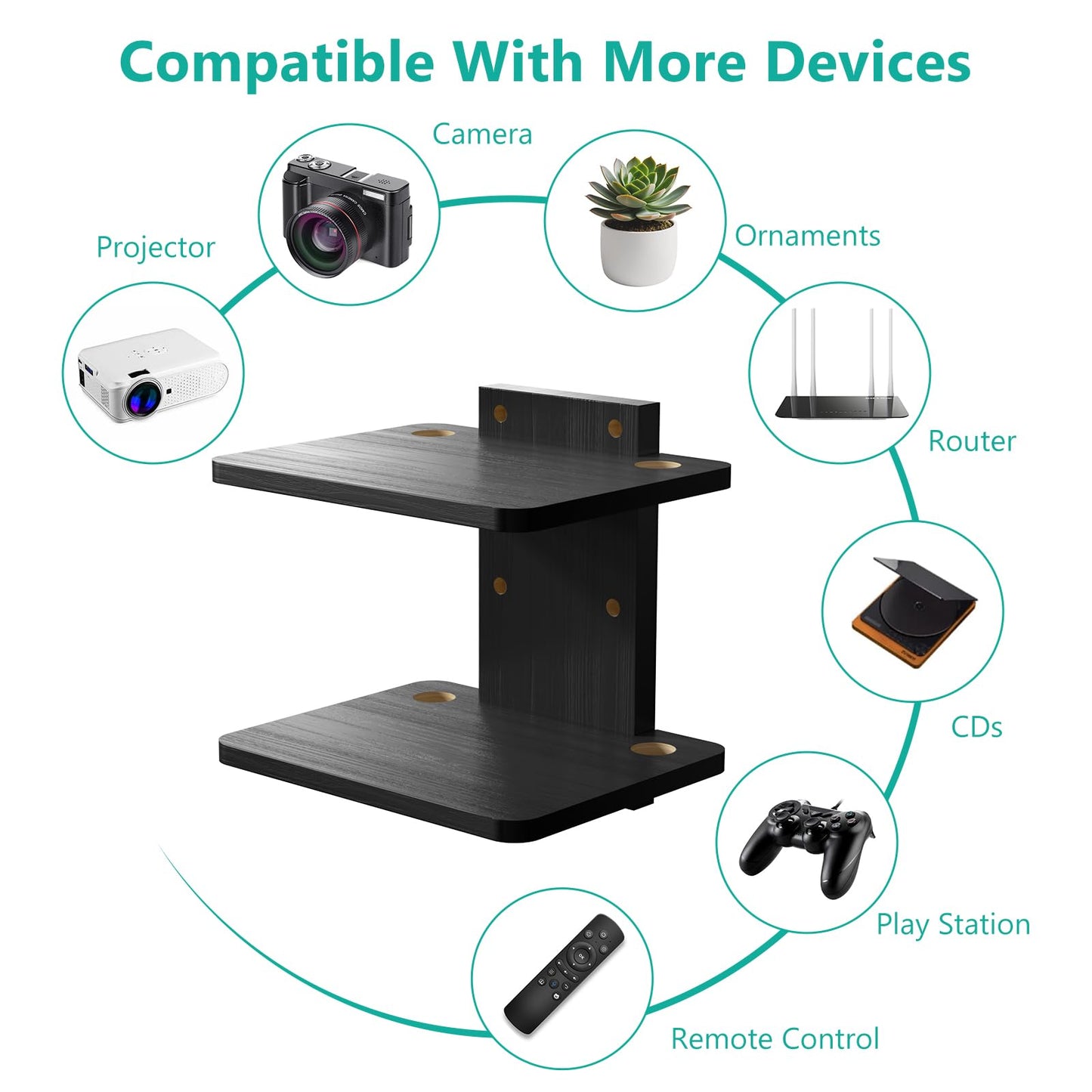 WALI Floating TV Shelf, 2 Tier Projector Shelf for DVD Players, Routers, Game Consoles, Cable Boxes, Living Room Decor Accessories, Wall Mount Shelves Holds Up to 22lbs (CS202NB), 2-Shelf, Black