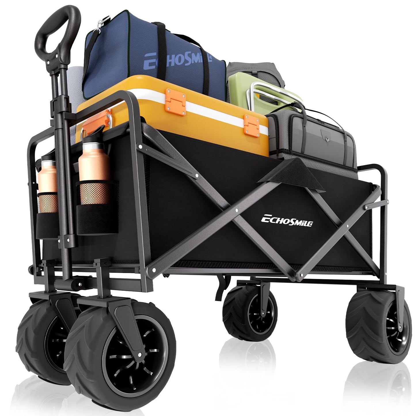 EchoSmile Heavy Duty 350 Lbs Capacity Collapsible Wagon, Outdoor Folding Camping Grocery Portable Utility Cart, Adjustable Rolling Carts, All Terrain Beach Wagon with Big Wheels (Black-Arrow)
