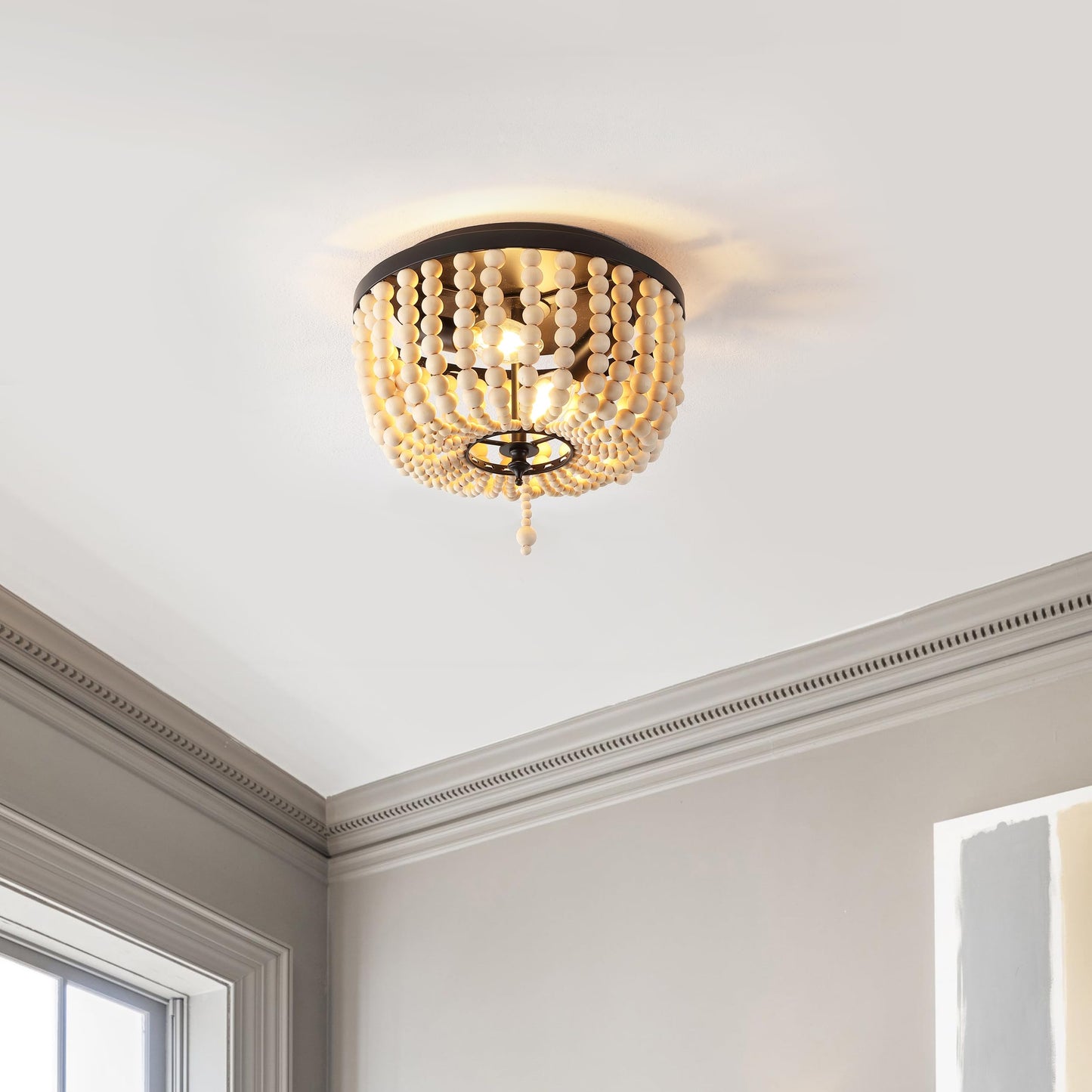 JONATHAN Y 10" Black/Cream Allison 2-Light LED Flush Mount Ceiling Light for Bedroom, Wood Beaded Shade Shabby Chic Farmhouse Rustic Decor, LED Bulbs Included (JYL9074B)