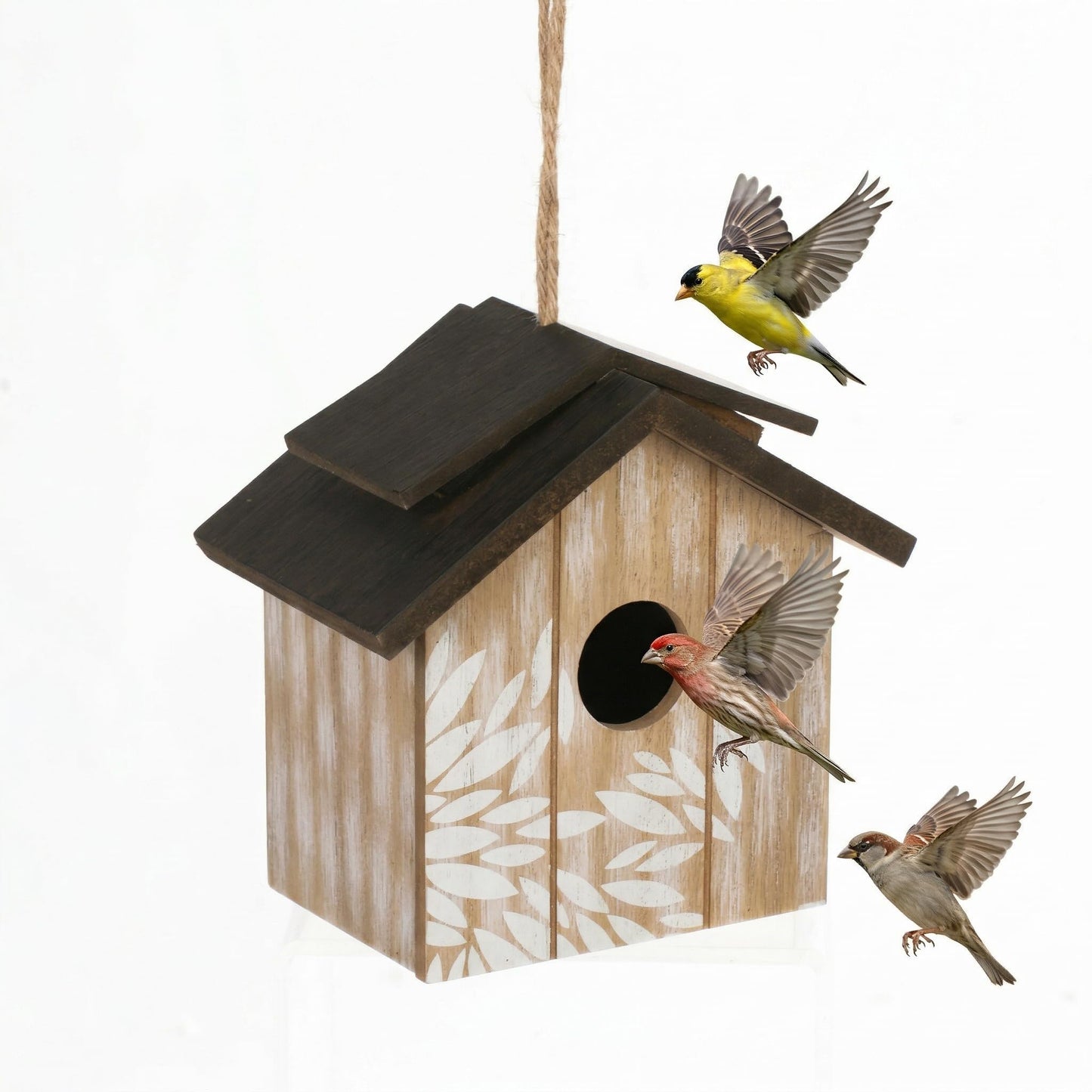 Topadorn Wooden Bird House Hanging Outdoor,Eco Friendly Materials and Decorative with Leaves Printed