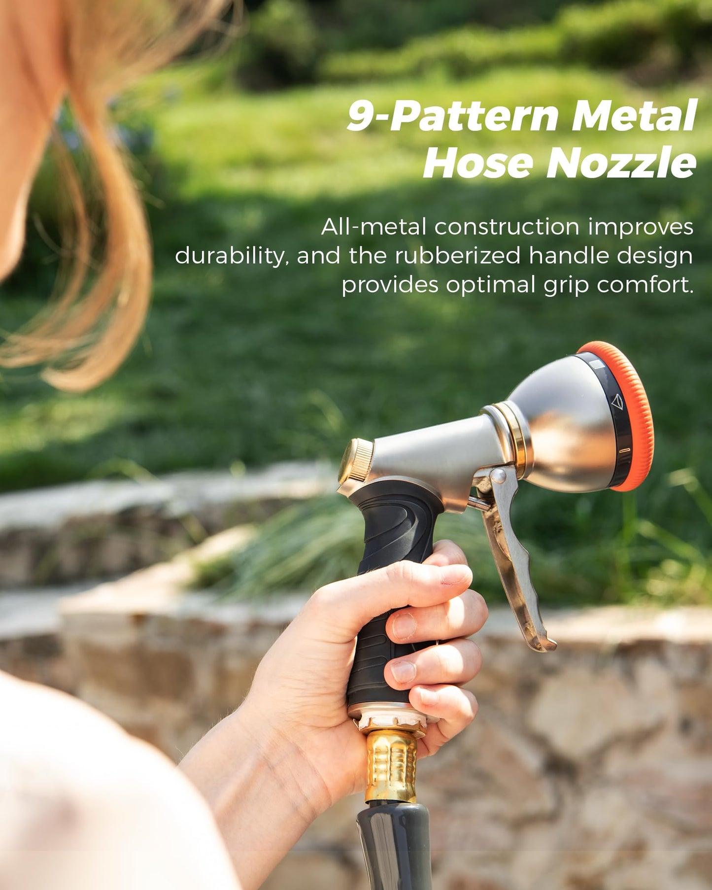 Retractable Garden Hose Reel, 5/8 in x100 ft Heavy Duty Wall Mount Water Hose Reel with Metal Bracket & 9-Pattern Metal Nozzle, Any Length Lock, Slow Retraction and 180° Swivel