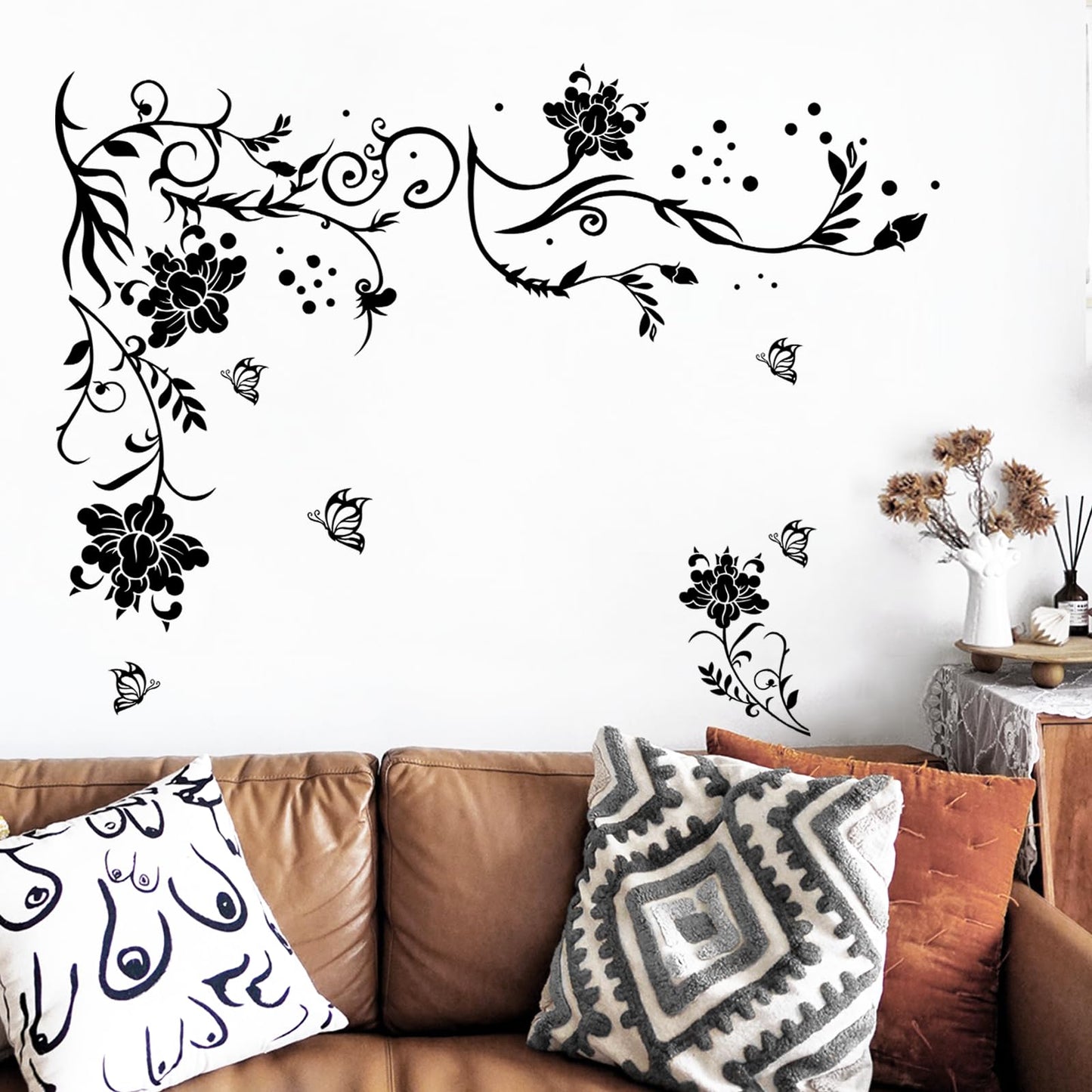 Supzone Flowers & Butterflies Wall Decals - DIY Black & Floral Wall Stickers for Bedrooms & Living Rooms