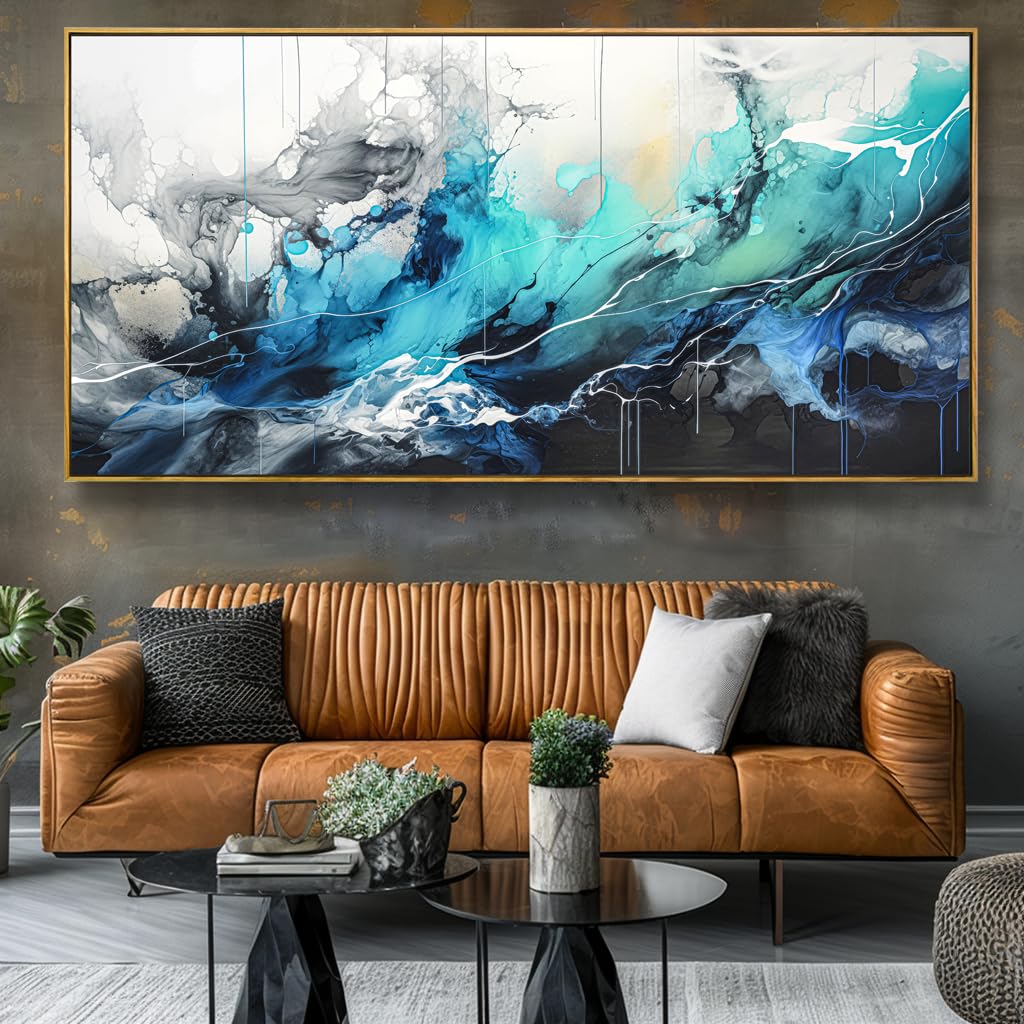Wall Art Abstract Canvas Painting Teal Blue Modern Artwork for Living Room Bedroom Dining Room Home Office Decor 20"x40" with Framed