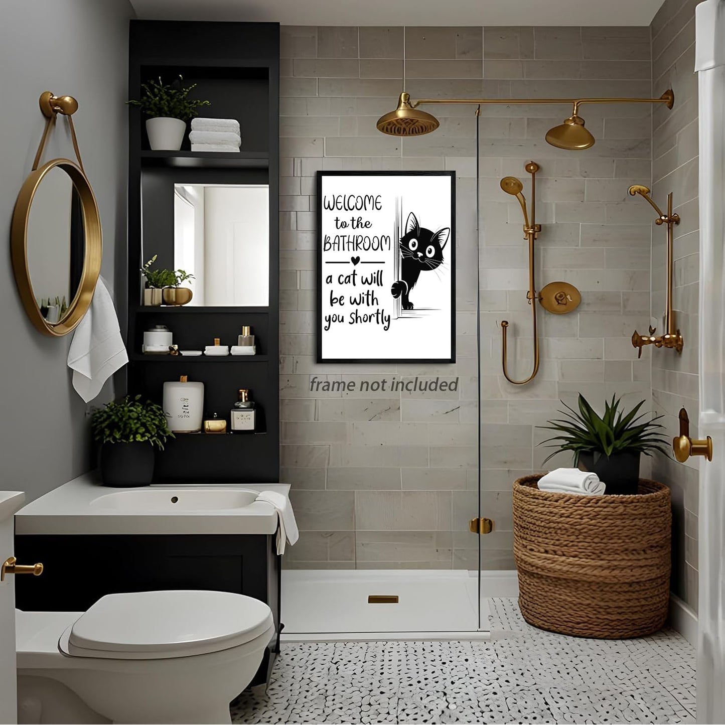 HNNXAR Funny Cat Bathroom Wall Art,Welcome To The Bathroom A Cat Will Be With You Shortly Paintings Posters,Black and White Funny Canvas Pictures Prints,Cute Black Cat Wall Decor 12x16in Unframed