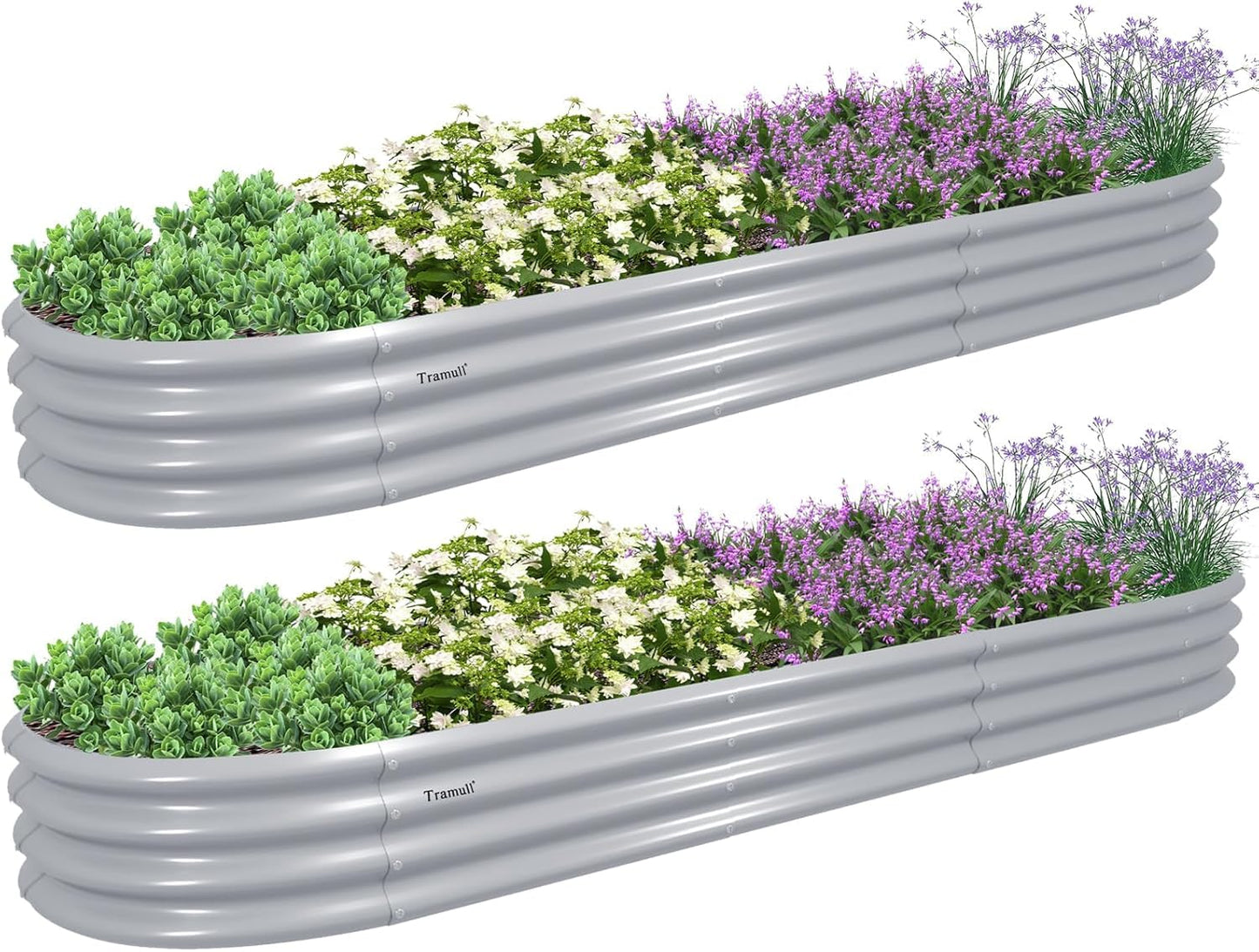 Tramull 2 Packs 12x2x1FT Galvanized Raised Garden Bed Kit Oval Metal Ground Planter Box Outdoor Bottomless Planter Raised Beds for Vegetables Flowers Herbs Fruits, Gray