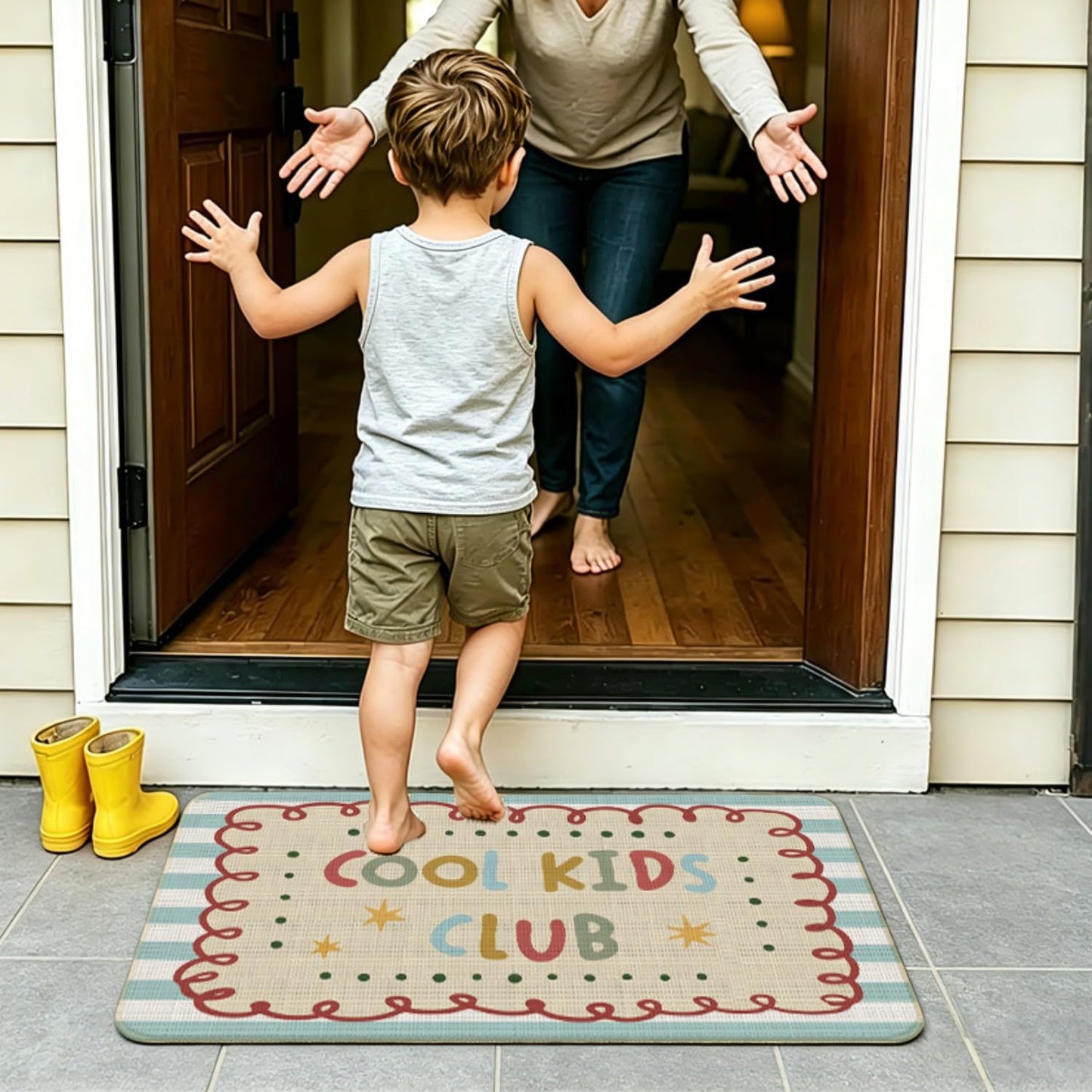 Chicimln Boho Welcome Door Mat for Kids Room Nursery Playroom, Cool Kids Club Non-Slip Linen Doormat Outdoor Indoor Entrance, Boho Striped Small Rugs for Entryway Front Door Porch, 17x30 Inch