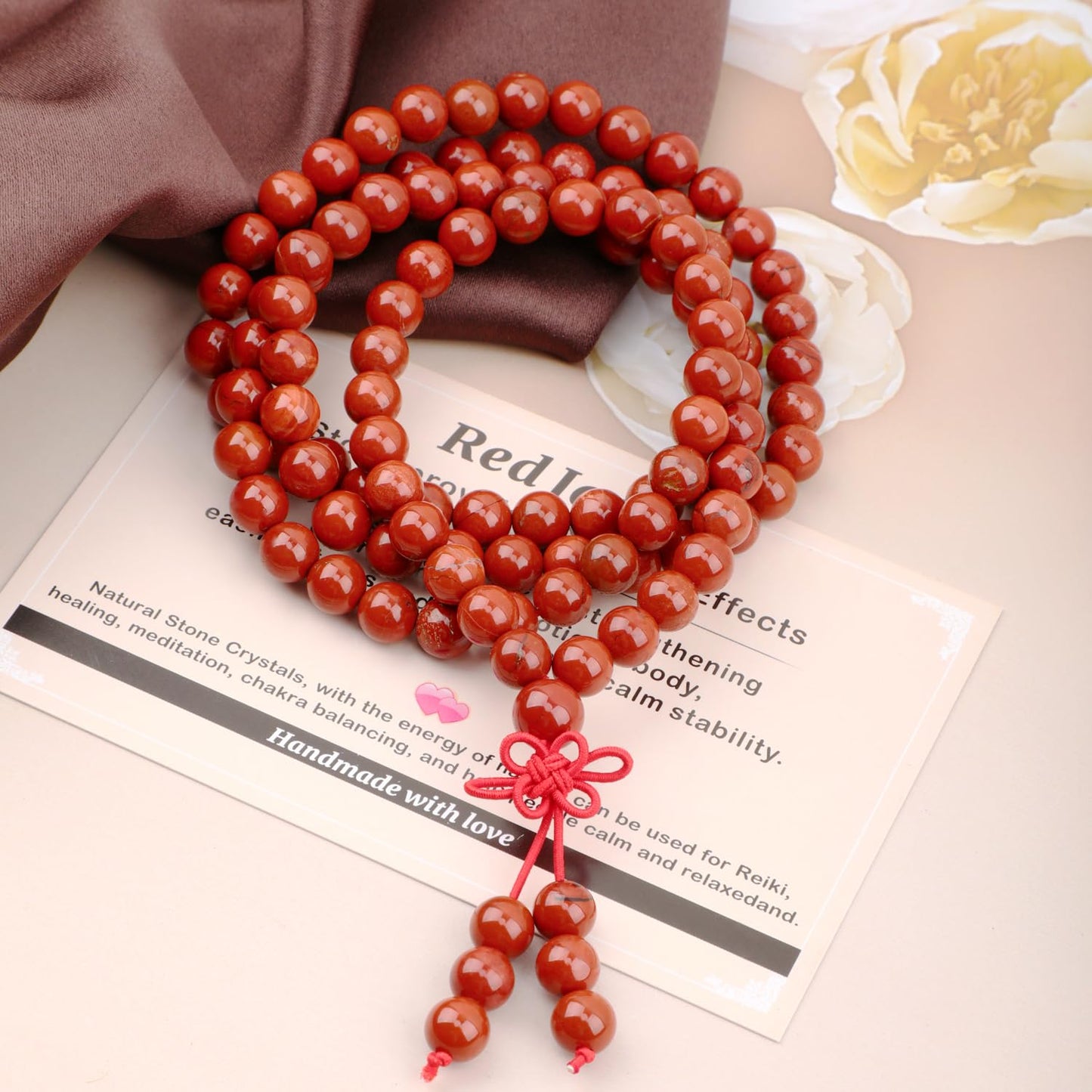 AD Beads 8mm 108 Prayer Mala Red Jasper Elastic Bracelet - Stone Provides Calming Effects - Handmade Yoga Meditation Healing Power Energy Gifts for Unisex Adult.