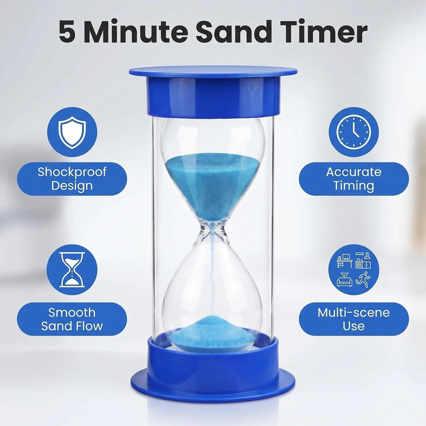 JIEHET Hourglass Sand Timer 5 Minutes, Dual Protection Hour Glass with Sand, Sand Timer for Kids Safety, Sand Clock Watch Management Assistant, Creative Gift, Living Room Office Decorative (Blue)