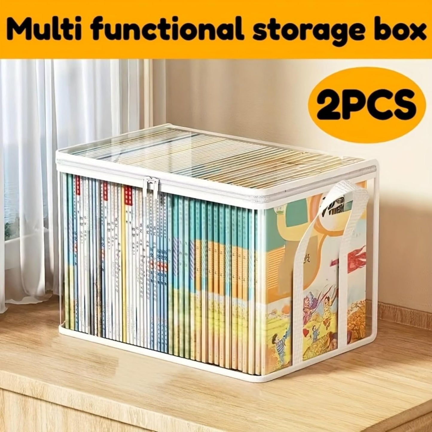 2pcs Waterproof Foldable Clear Book Storage Box with Handles, Transparent Book Organizer,Fold able Book Box Waterproof Storage Box for Office (black)