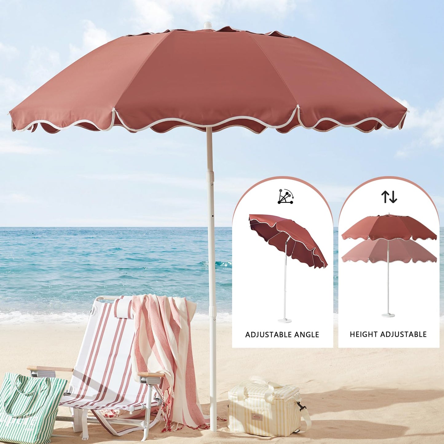 DEER LAND 7.2FT Patio Beach Umbrella, UPF 50+ Sun Protection, Adjustable Height and Tilt, Wind-Resistant Fiberglass Ribs, Portable 2-Fold Design, Includes Carry Bag, Base Not Included