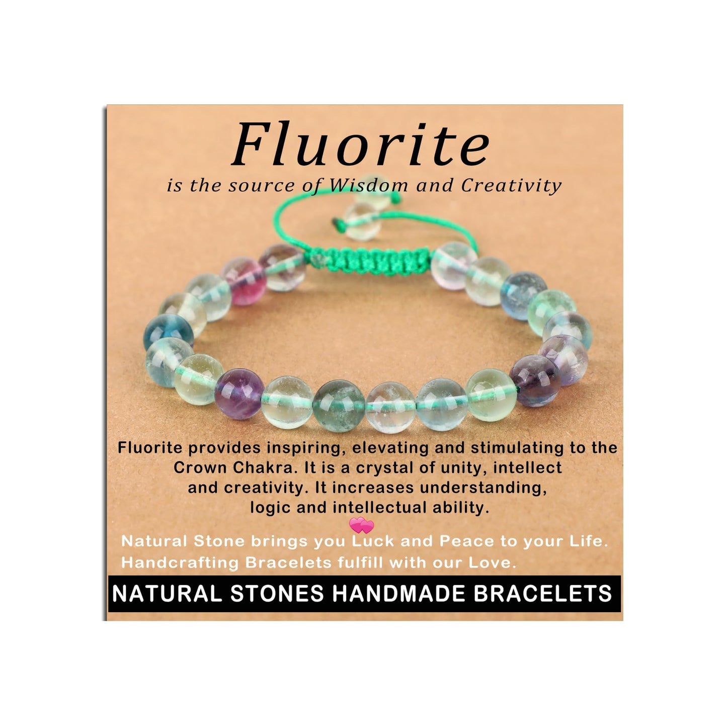 8mm Fluorite Bracelet - Stone of is the source of Wisdom and Creativity - Handmade Natural Stone Crystal Bracelet with Adjustable Macrame String - Yoga Healing Power Energy Gifts for Men and Women
