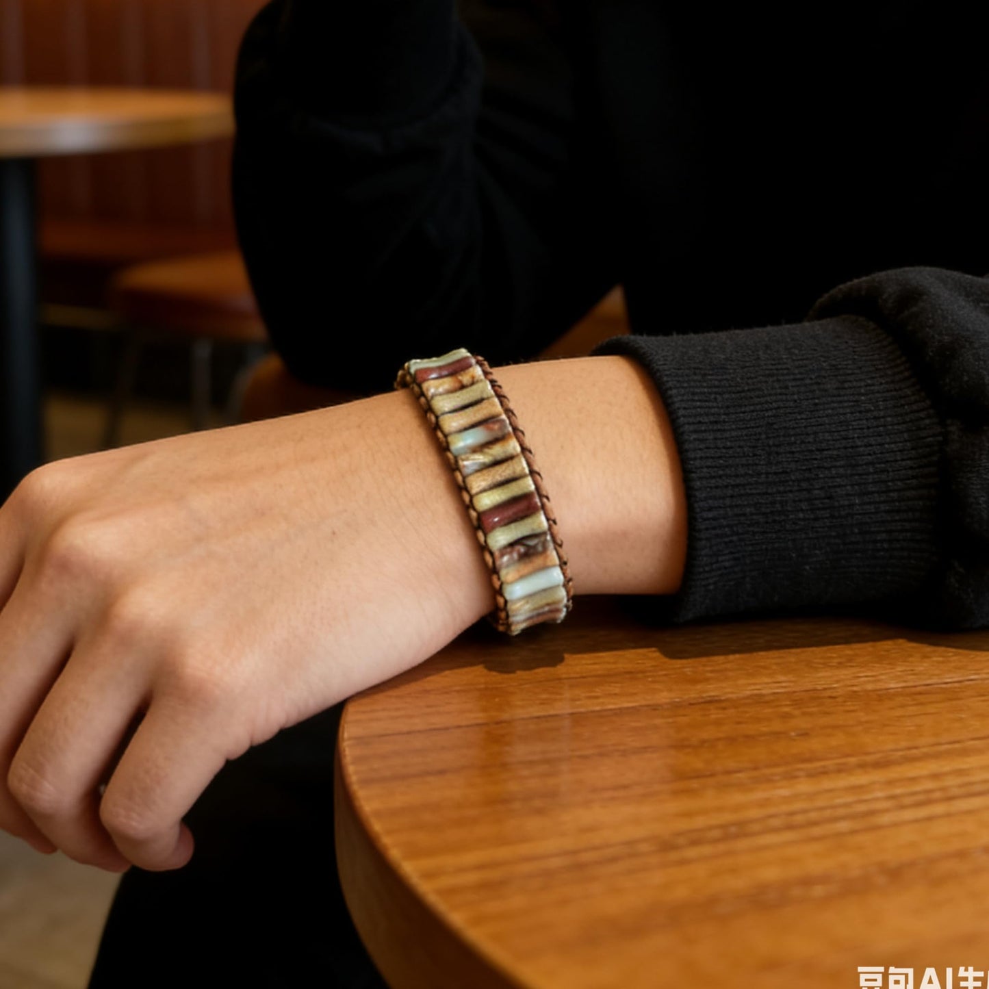 Plumiss Handmade Natural Agalmatolite Stone Bracelet for Men Women - Boho Leather Wristband with Adjustable Drawstring Closure, Unique Earthy Tones Healing Crystal Jewelry for Casual Wear & Gifting