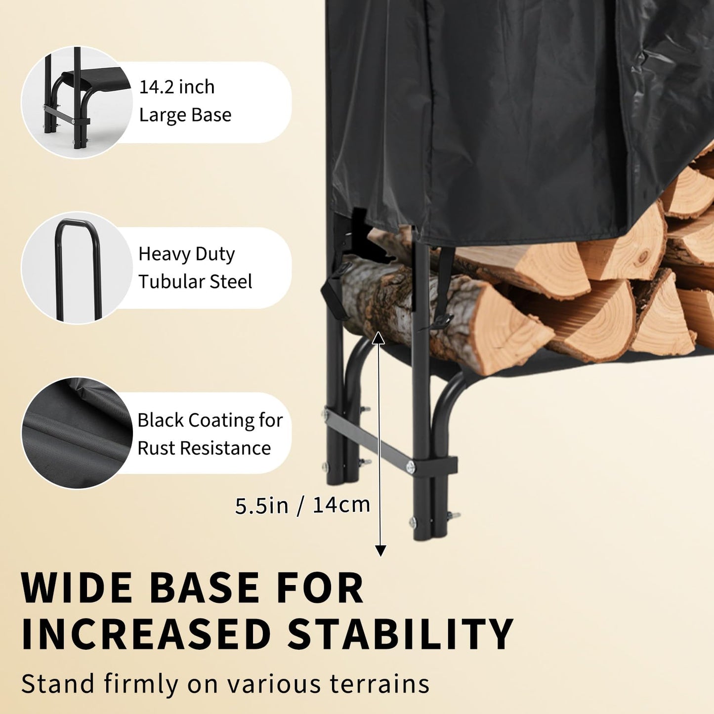 MERXENG 8ft Firewood Rack Holder with Cover, Heavy Duty Fire Log Stacker Stand for Fireplace, Outdoor Indoor Metal Wood Pile Storage Organizer, Patio Logs Stand tool, Black