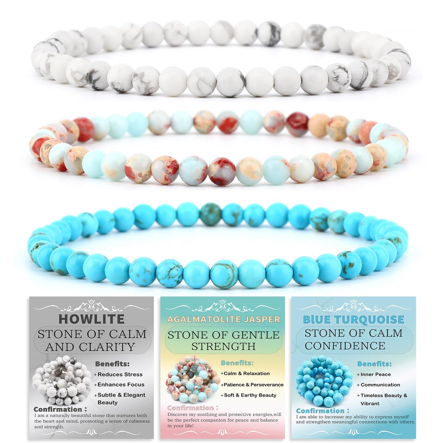 CMBYN 3-Pieces 4mm Natural Crystal Gemstone – ﻿Agalmatolite Jasper, Blue Turquoise, Howlite Handmade Reiki Energy Healing Stretch Bracelets Jewelry for Yoga, Meditation, Unisex