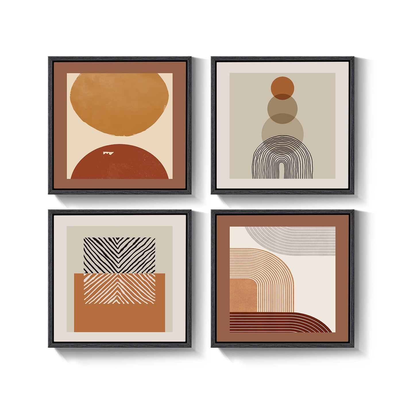 4 Piece Framed Abstract Boho Wall Art Set, Modern Mid Century Canvas Picture Wall Decor, Minimalist Geometric Orange and Brown Paintings Prints for Living Room Bedroom Hallway, 12x12 Inch